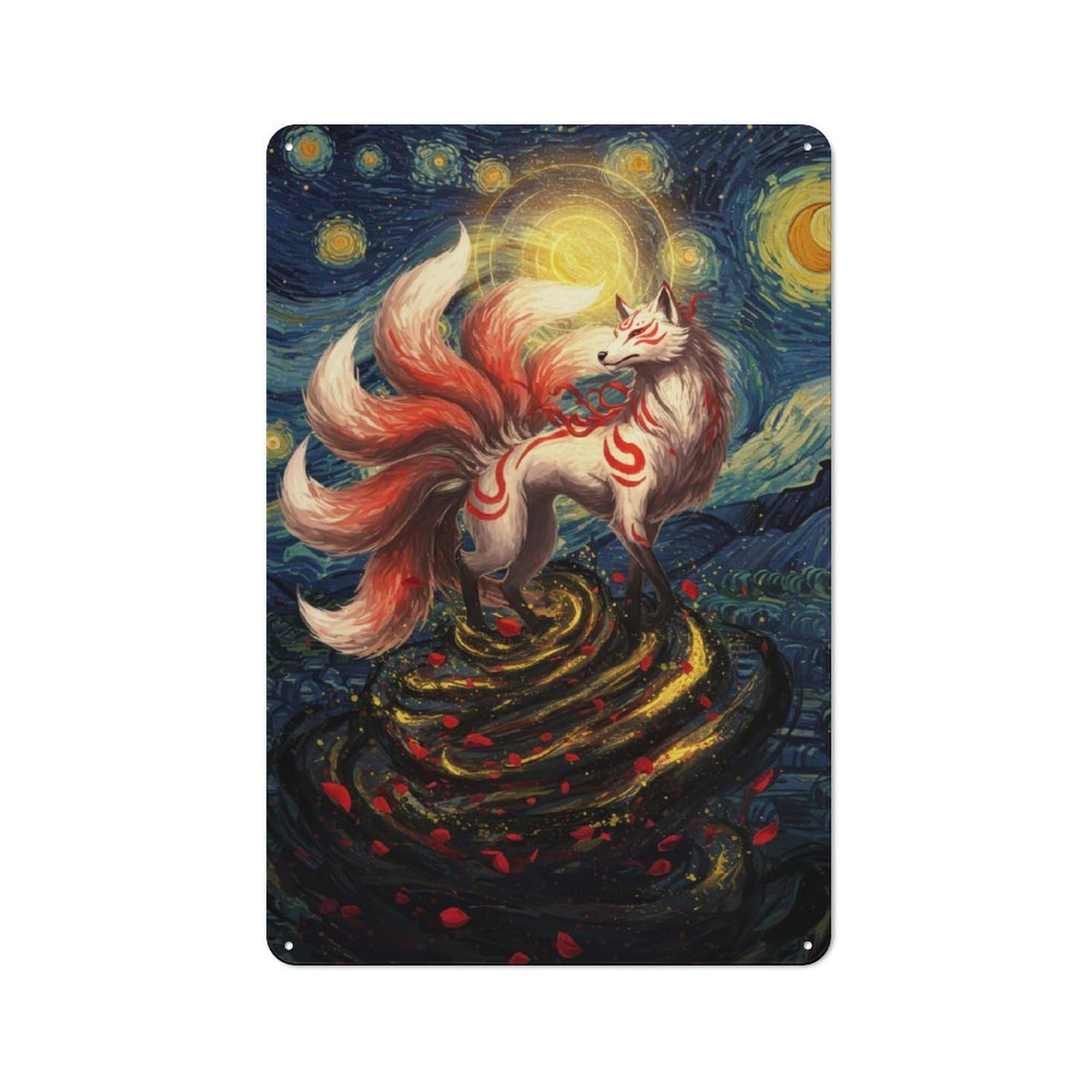 Junmoney Nine-Tailed Fox In Starry Night Style Retro Metal Wall Sign 30X20cm Featuring For Hallway Wall, For Garage, Workshop And Man Cave Decoration