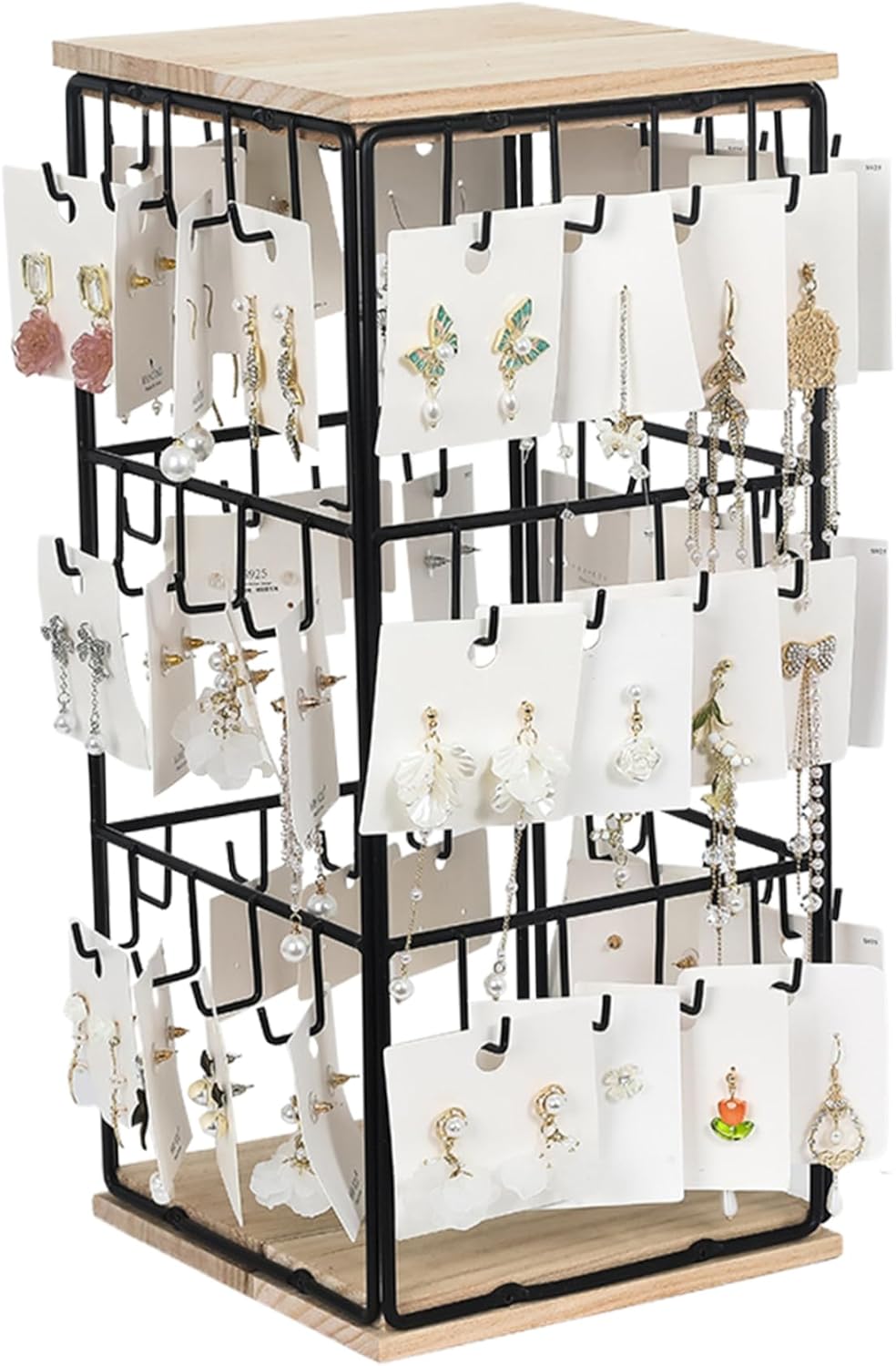 Earring Display for Vendors 16x7" Earring Stand Iron Earring Display Stand with Wooden Base & Top 48 Hooks Jewelry Organizer for Vendor Selling Earring Cards Dresser Jewelry Display For Vendors