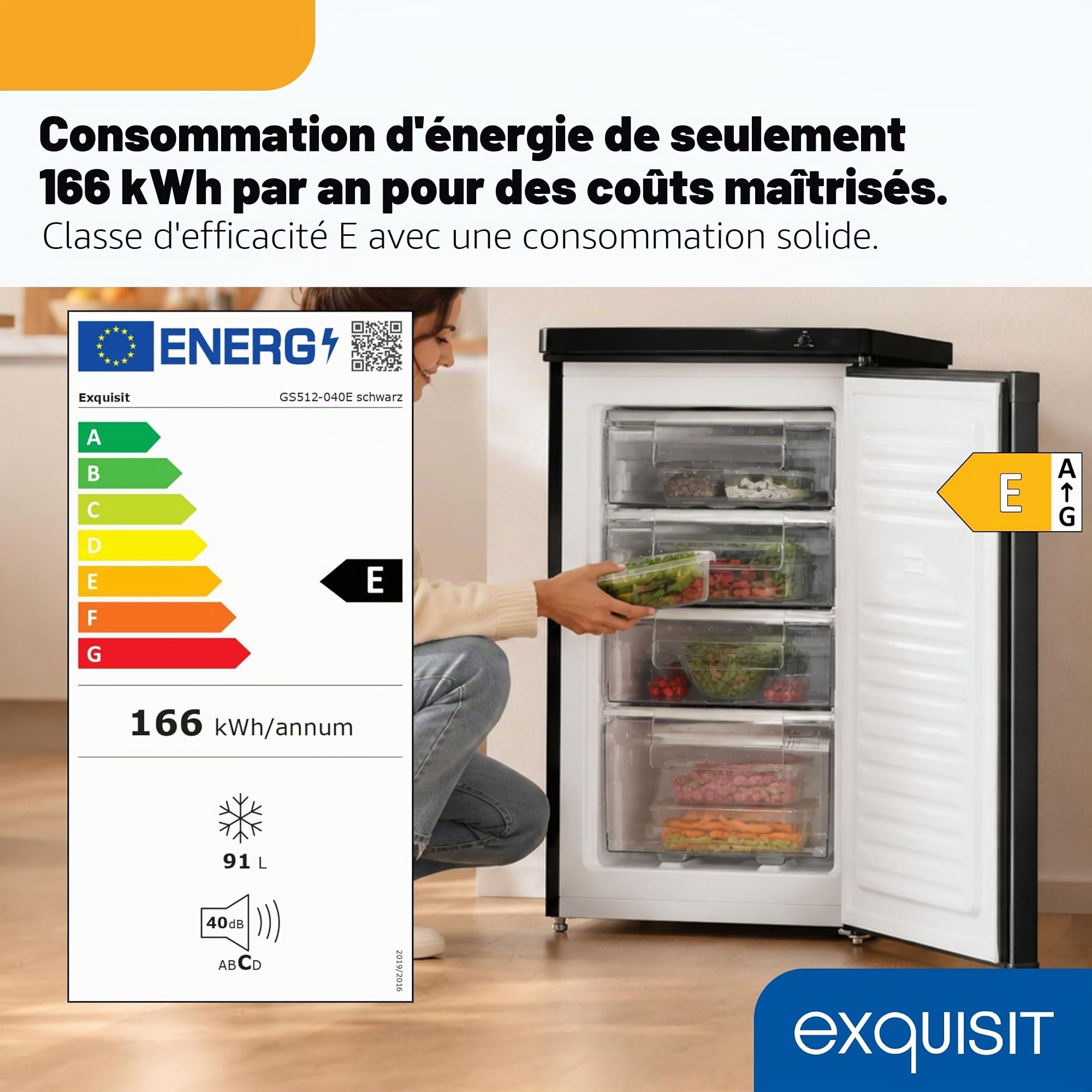 Exquisit Congélateur | Capacité utile de 91 l, classe énergétique E, bruit de 40 dB | Compartiment 4 étoiles, réglage manuel de la température, butée de porte interchangeable, 4 tiroirs | GS512-040E