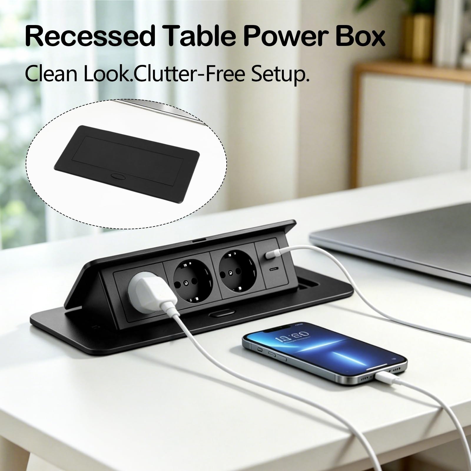 Aluminium Enchufe de Mesa Empotrable, Salida de Enchufe Retráctil con 3 Enchufes, Puertos USB y Tipo C, 4000W/16A Regleta Retráctil para Cocina, Escritorio y Oficina, Cable de 1,8M