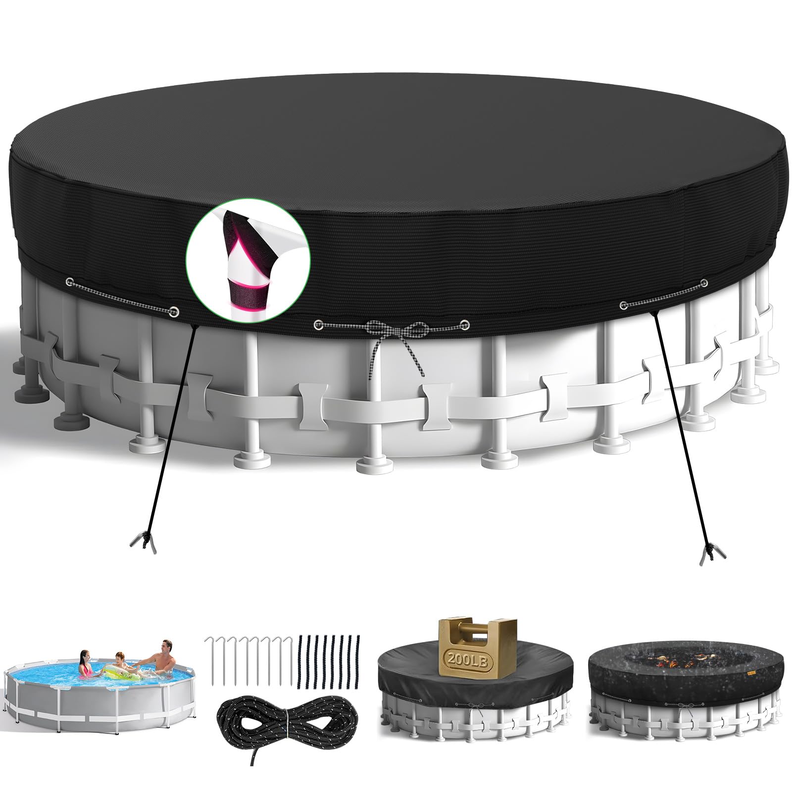 HIGHTQURO 21Ft Round Pool Cover,Heavy Duty Waterproof Round Pool Covers for Above Ground Pools with Ground Nails and Windproof Ropes,Increase Stability&Tear-Resistant, Waterproof and Dustproof, Black