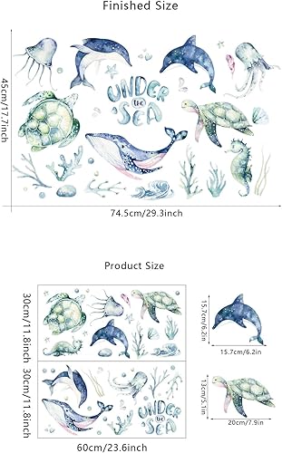 Miniatura 5 de Calcomanías de pared de animales de peces de dibujos animados bajo el mar, murales, murales, delfín, tortuga, algas marinas, papel tapiz removible,