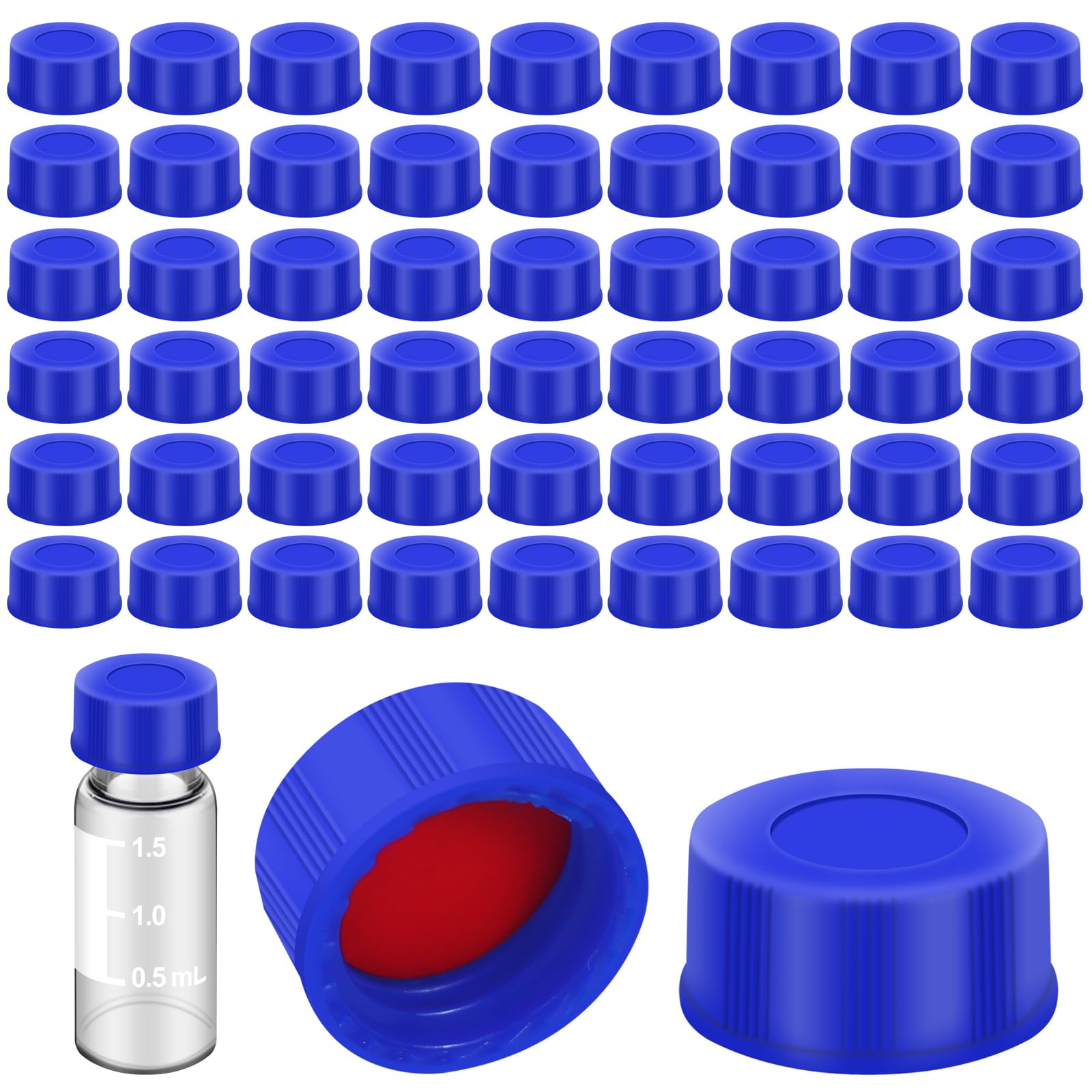 LVDALAB Blue Solid Polypropylene Cap Chromatography vials Caps, Red Silicone Septa with Ribbed Thread Screw Cap, Accessary for 1.5ml 18.ml 2ml 9-425 HPLC Autosampler Vials Pack of 100(Caps Only)
