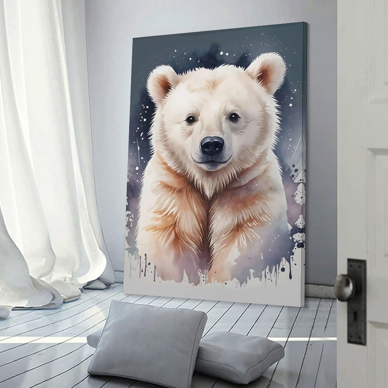Junmoney Canvas Wall Art Cute Polar Bear Watercolor, 24x36inch(60x90cm), for Living Room, Bedroom, Office Or Hallway, Decorative Artwork with Broad Appeal