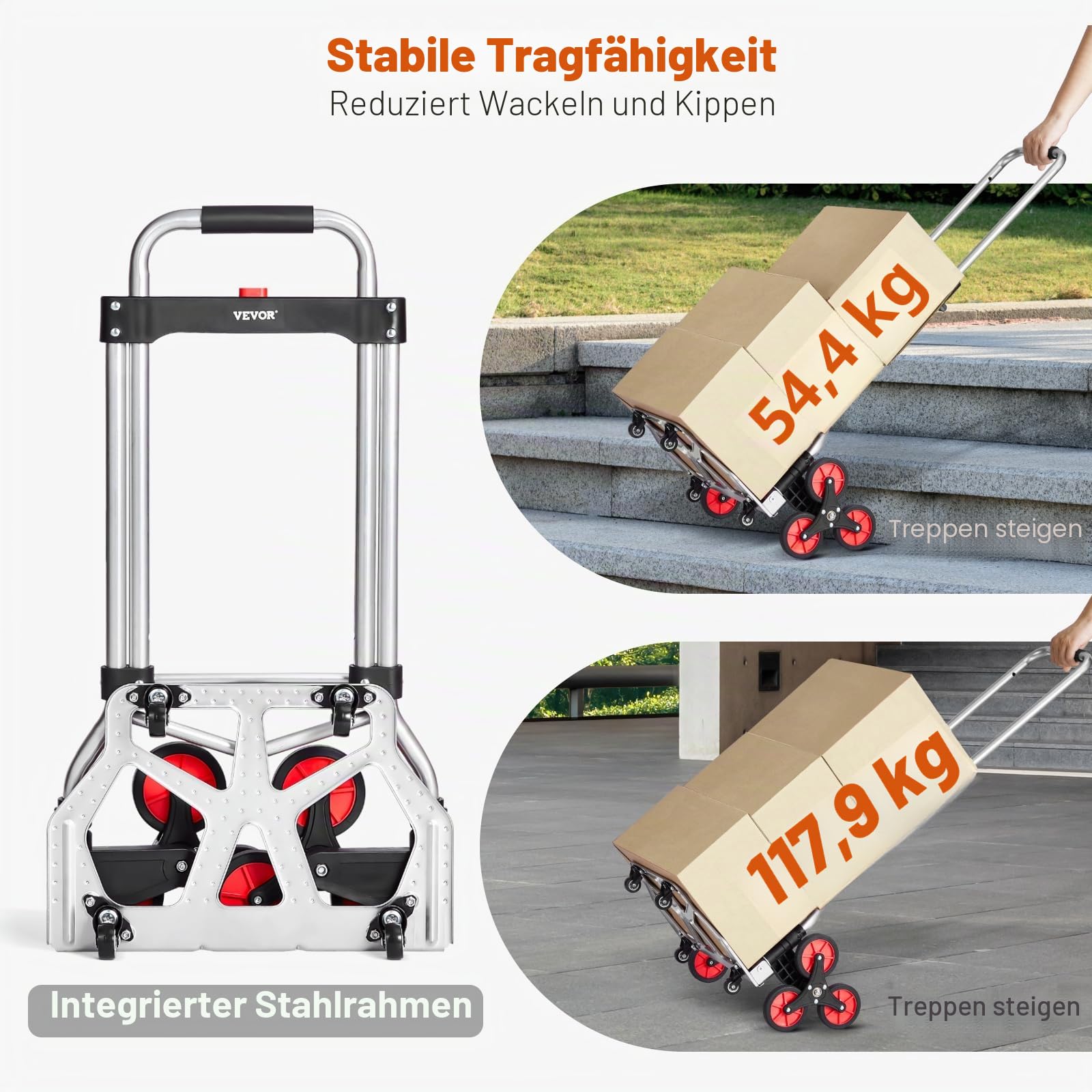 VEVOR Sackkarre 490 x 475 x 1150 mm, Treppensteiger, Treppensackkarre 118 kg, zusammenklappbarer Trolley mit Teleskopgriff, 10 Rädern & 2 elastischen Seilen für Zuhause, Einkaufen, Umzüge & Lager