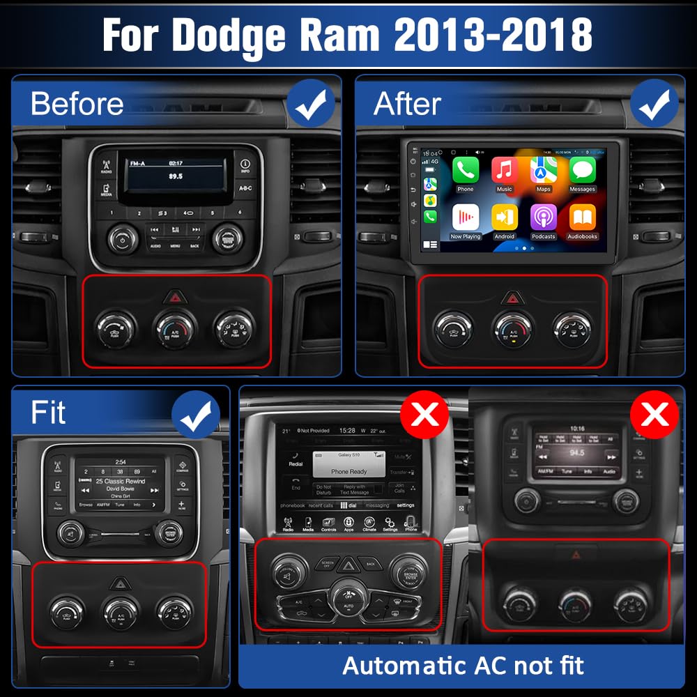 4+64GB Qualcomm 8 Core Stereo for Dodge RAM 1500 2500 3500 2013-2018, Android 13 9 inch IPS Touch Screen Radio Upgrade Wireless Carplay/Android Auto (Fit Manual AC only)
