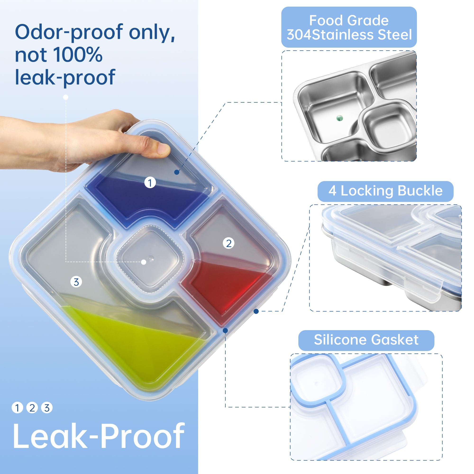 Misichao Boîte à déjeuner en acier inoxydable avec 4 compartiments – Boîte à bento en métal de 800 ml pour adultes et enfants – Boîtes réutilisables pour la préparation des repas, passent au