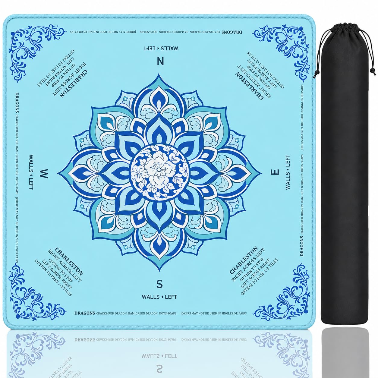 Blue Mahjong Mat for Table American Mahjong Mat with Rules 31.5" x 31.5" Mah Jong Table Mat Non-Slip Noise Reducing Waterproof Wipe Clean for Mahjong, Poker, Board Games Dominoes and Card Games