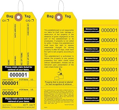 1000 Luggage Claim Tags with String Attached, Consecutively Numbered, Bag Stickers, Claim Ticket - Bag Tags for Hotel and Motel Bag Storage. Size 6 3/4" H x 2 1/2" W.