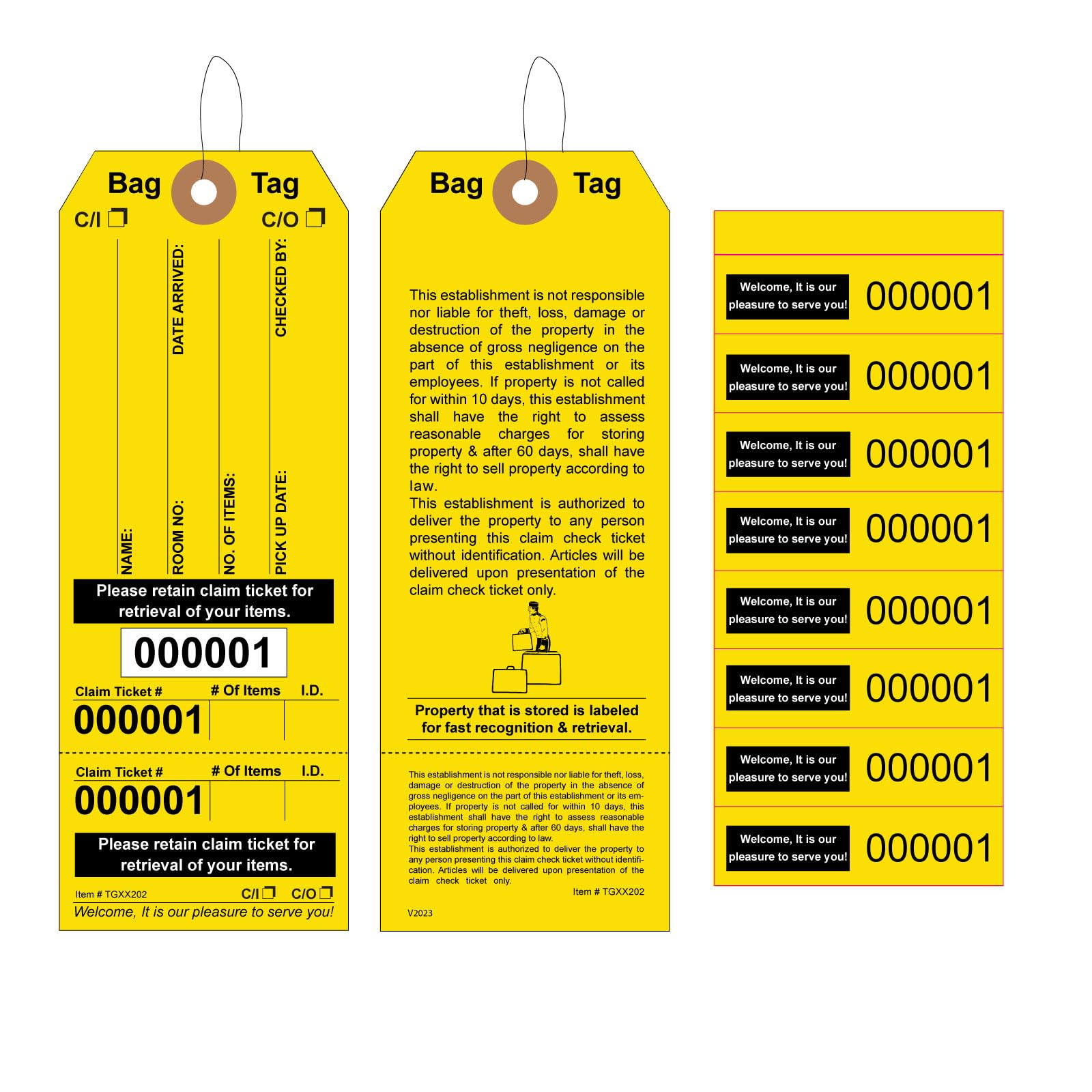 500 Luggage Claim Tags with String Attached, Consecutively Numbered, Bag Stickers, Claim Ticket for Hotel and Motel Tags Storage. Size: 6 3/4" (H) x 2