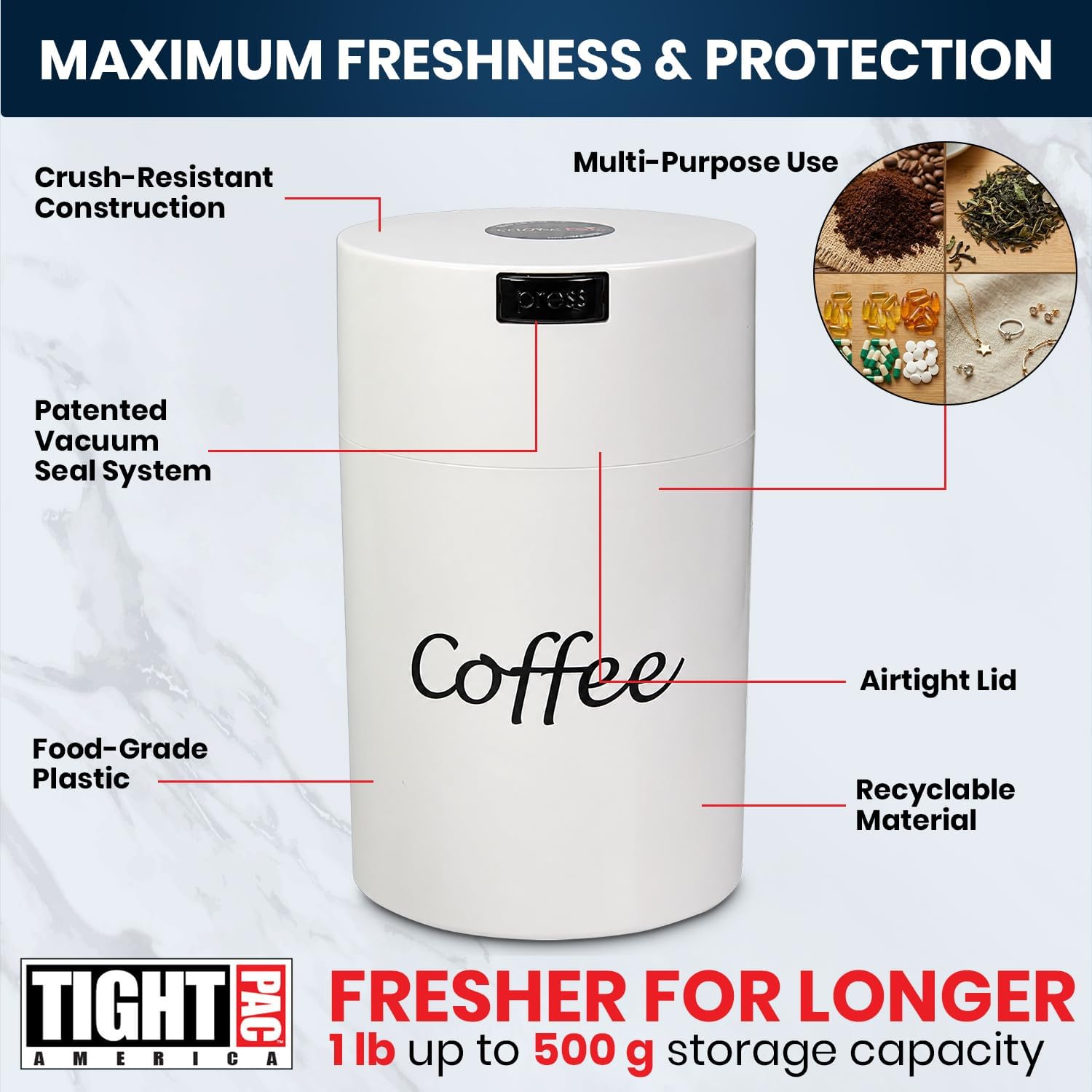COFFEEVAC 1LB – Patented Airtight Container | Multi-use Vacuum Container Works as Smell Proof Containers for Ground Coffee and Coffee Bean Containers. White with Logo
