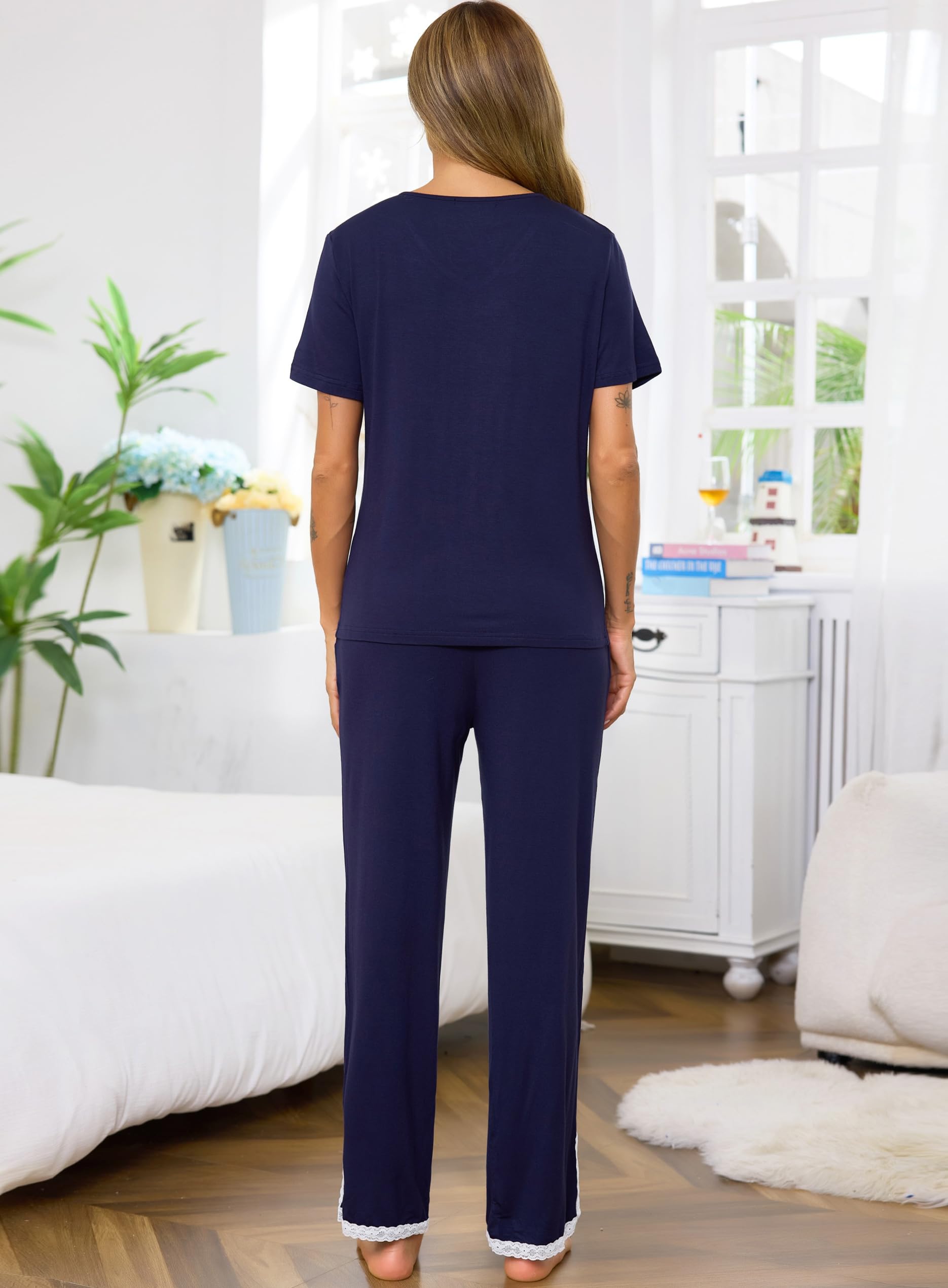 Lovasy Pigiama Donna a Maniche Corte Pigiama Due Pezzi Top con Scollo a V in Pizzo Sexy Lunghi Pantaloni con Tasche S-XXL