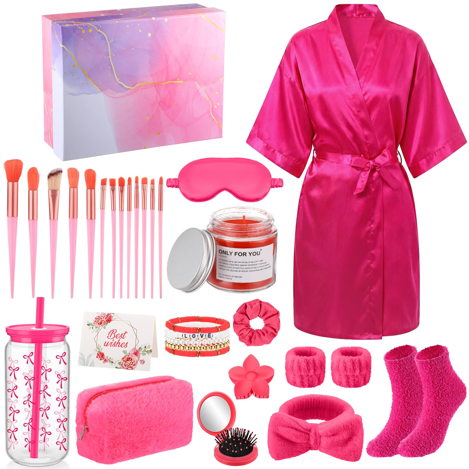 Shyyween 15 Pcs Birthday Gifts for Women Robe Sets for Women Spa Basket Set Graduation Gifts Bath Robe Make up Brushes Scented Candle Fluffy Socks Coffee Cup for Mom Nurse Girlfriend Wife(Rose Red)-image-42