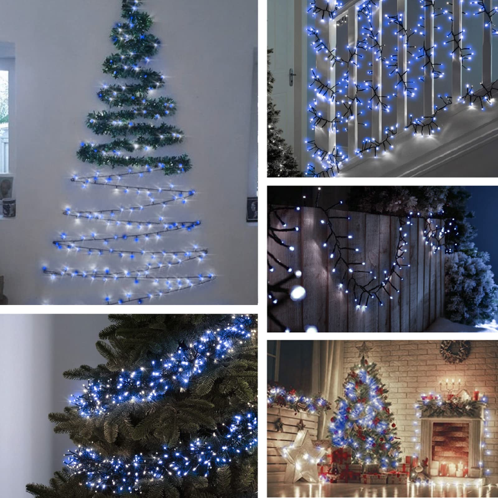 Luci LED Natalizie da Esterno/Interno, 5mm, Cavo Verde, 8 Modalità, Controller 31V con Memoria, IP44 (Bianco Ghiaccio + Blu, 50M 1000LED)