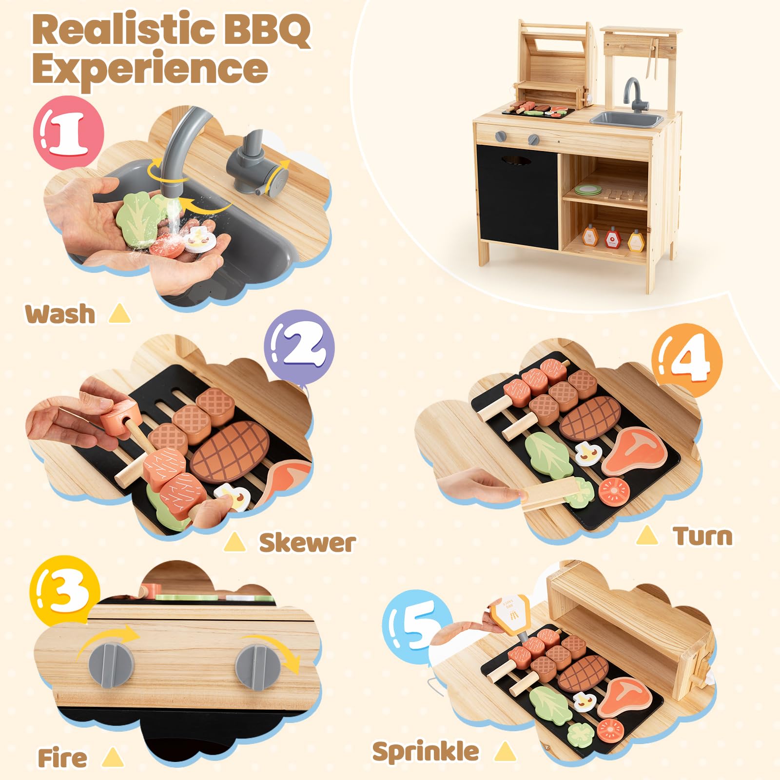 HOMASIS Matschküche Kinder Outdoor, Kinderküche mit BBQ-Grill Tafel Waschbecken Spüle, Spielküche mit 27 Zubehör, Spielzeugküche aus Tannenholz, Gartenküche Outdoorküche für Kinder ab 3 Jahren, Natur