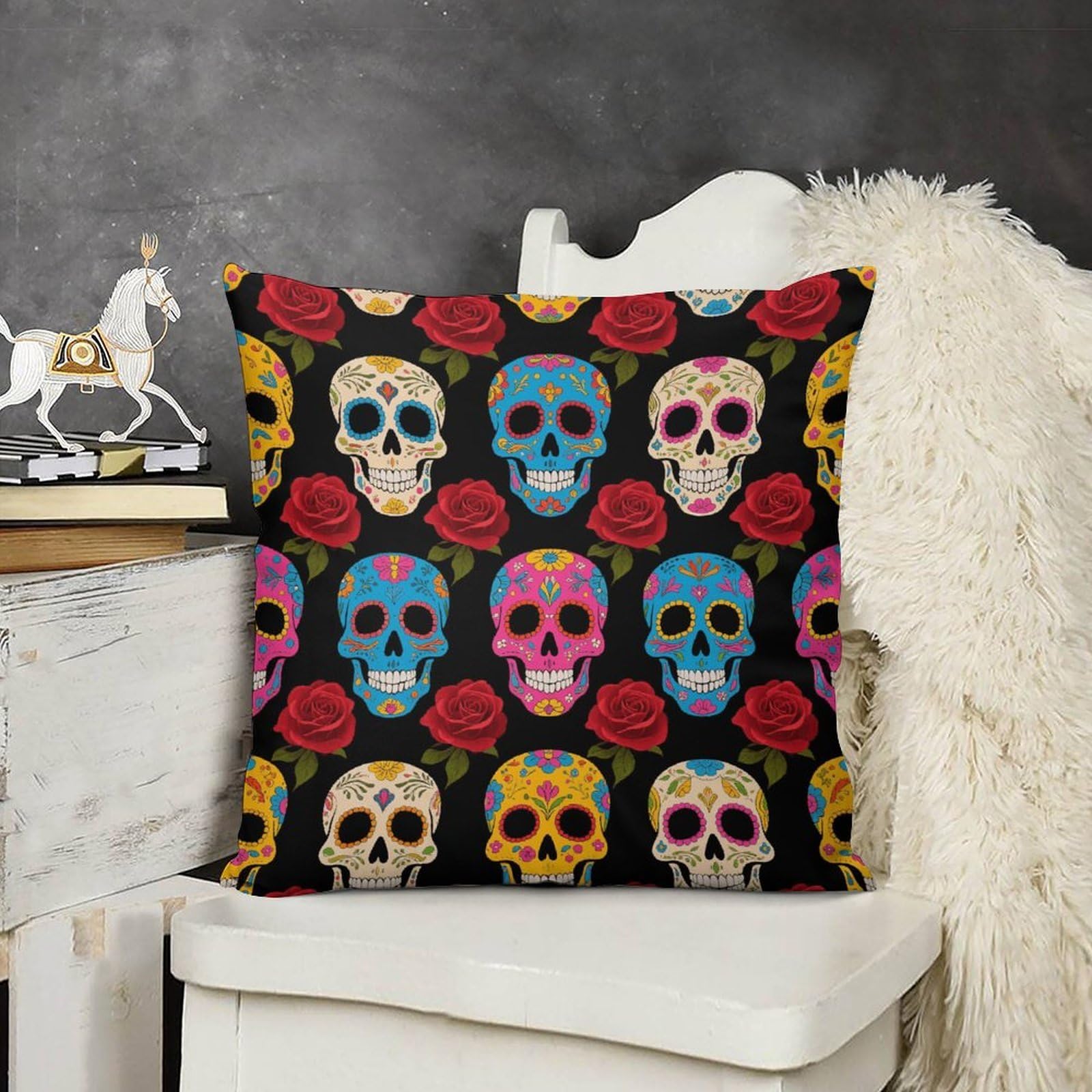 FodPand Boho Farmhouse Sugar Skulls Pillow Covers with Hidden Zipper 12x12 Soft Plush Cushion Cover Decorative Throw Pillow Cases for Couch Bed Sofa Living Room Indoor Outdoor Home Decor