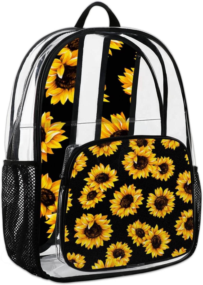 Floral Sunflower Pattern Clear Backpack Stadium Approved Heavy Duty PVC Transparent Backpacks Large See Through Bag for Work Travel Sports Events Concerts
