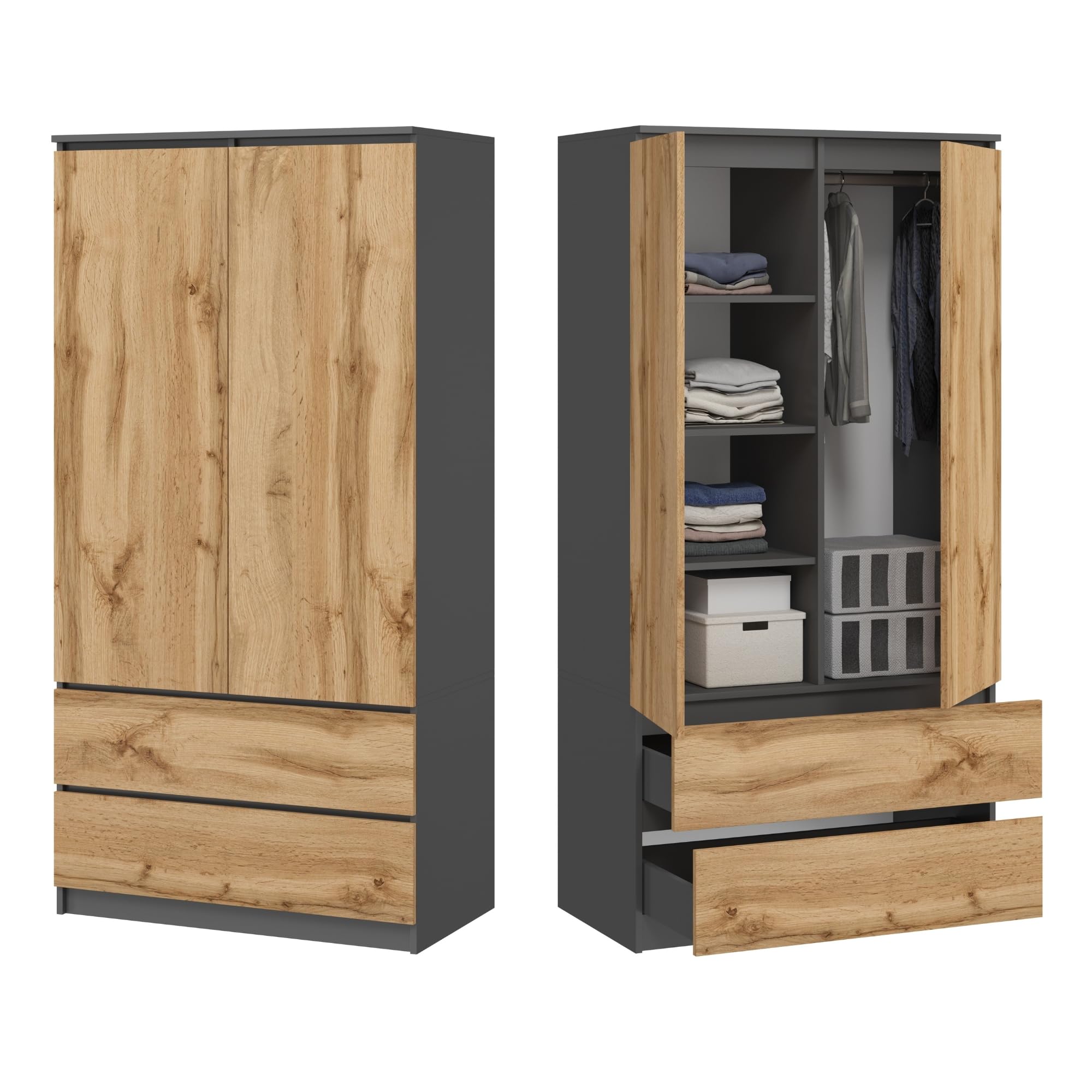 Kleiderschrank Schrank grau 180cm hoch 90cm breit mit 2 Schubladen, 3 Einlegeböden und Kleiderstange Haushaltsschrank Schrank Organizer mit 7 Fächern aus Holz für Schlafzimmer Flur Keller Büro Küche, Haushalt & Wohnen