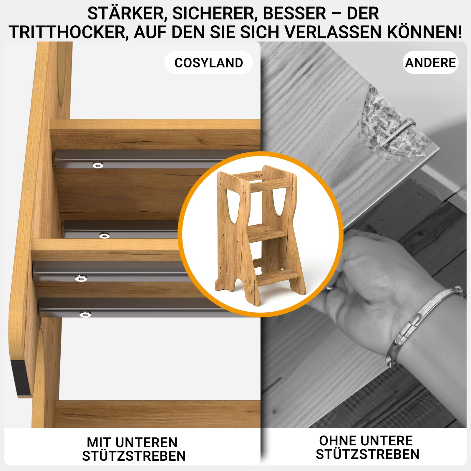 COSYLAND Lernturm ab 1 Jahr - Learning Tower - Höhenverstellbar Montessori Lernturm mit Kippschutz, Natur