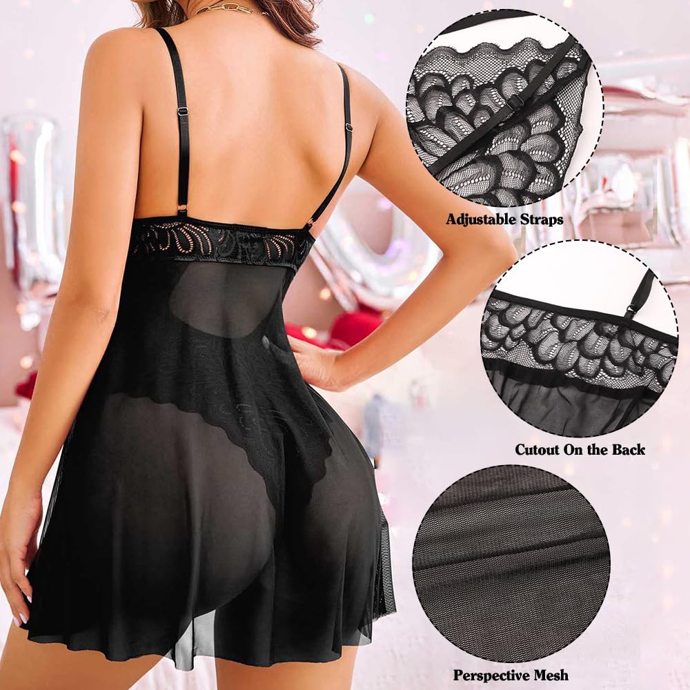 ZWCHGJ Camisón Transparente Sexy para Mujer Babydoll de Encaje Body de Peluche de una Pieza Lencería Negligee Travieso Cuello en V Halter Sin Mangas Correa para el Hombro Camisón Fino para Mujer