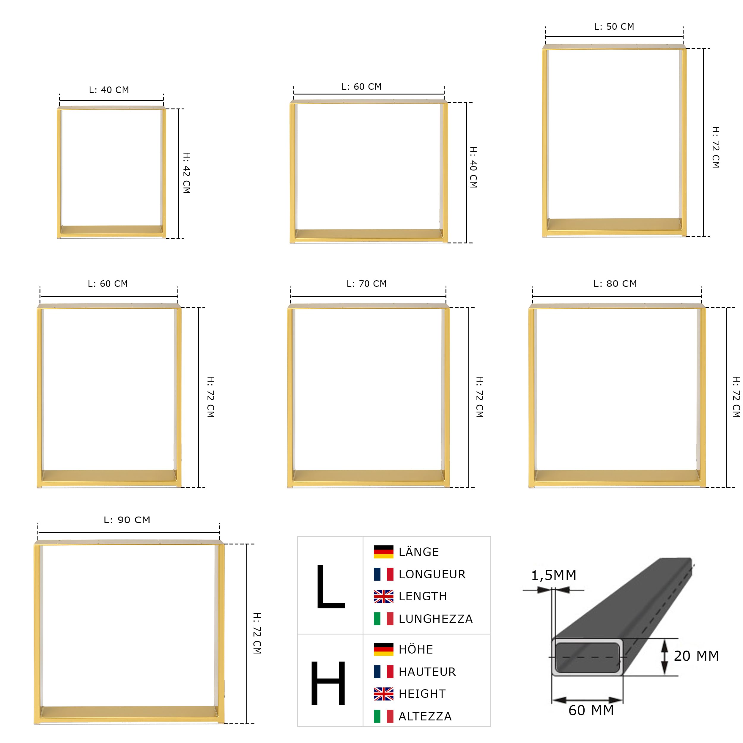 Magnetic Mobel Lot de 2 Pieds de Table en métal pour Bureau, Table à Manger, Meubles - 40 x 72 cm - Doré - Profil 6 x 2 cm
