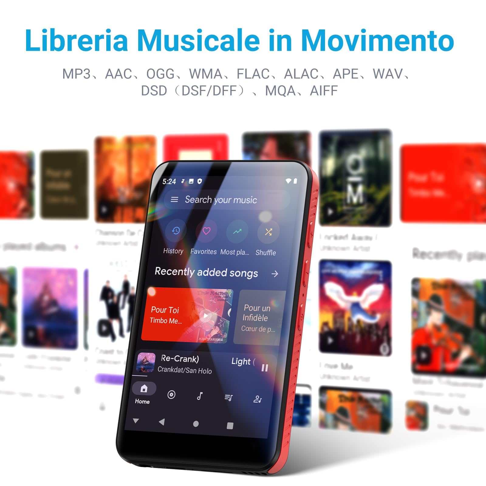 MECHEN Lettore MP3 da 96 GB, Bluetooth Spotify, lettore MP4 Android da 4,0 pollici, WLAN, modalità genitore, radio FM, compatibile con audiolo, Amazon Music, Deezer (rosso)
