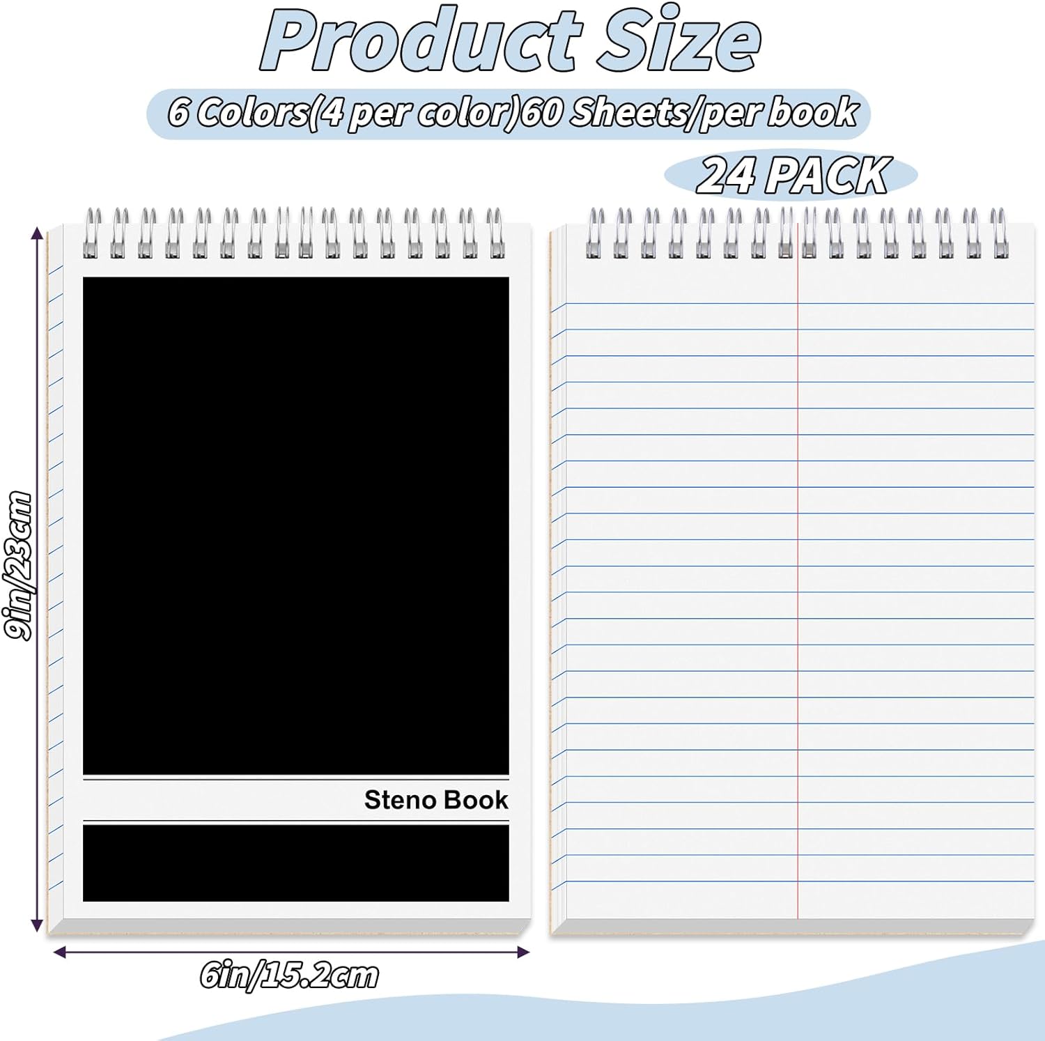 24 Pack Black Steno Pads 6 x 9 in Spiral Top Notebooks Bulk Note Pads 60 Sheets Gregg Rule Writing Paper Steno Notebooks for Students Teachers Men Women Professionals Office School Recording work
