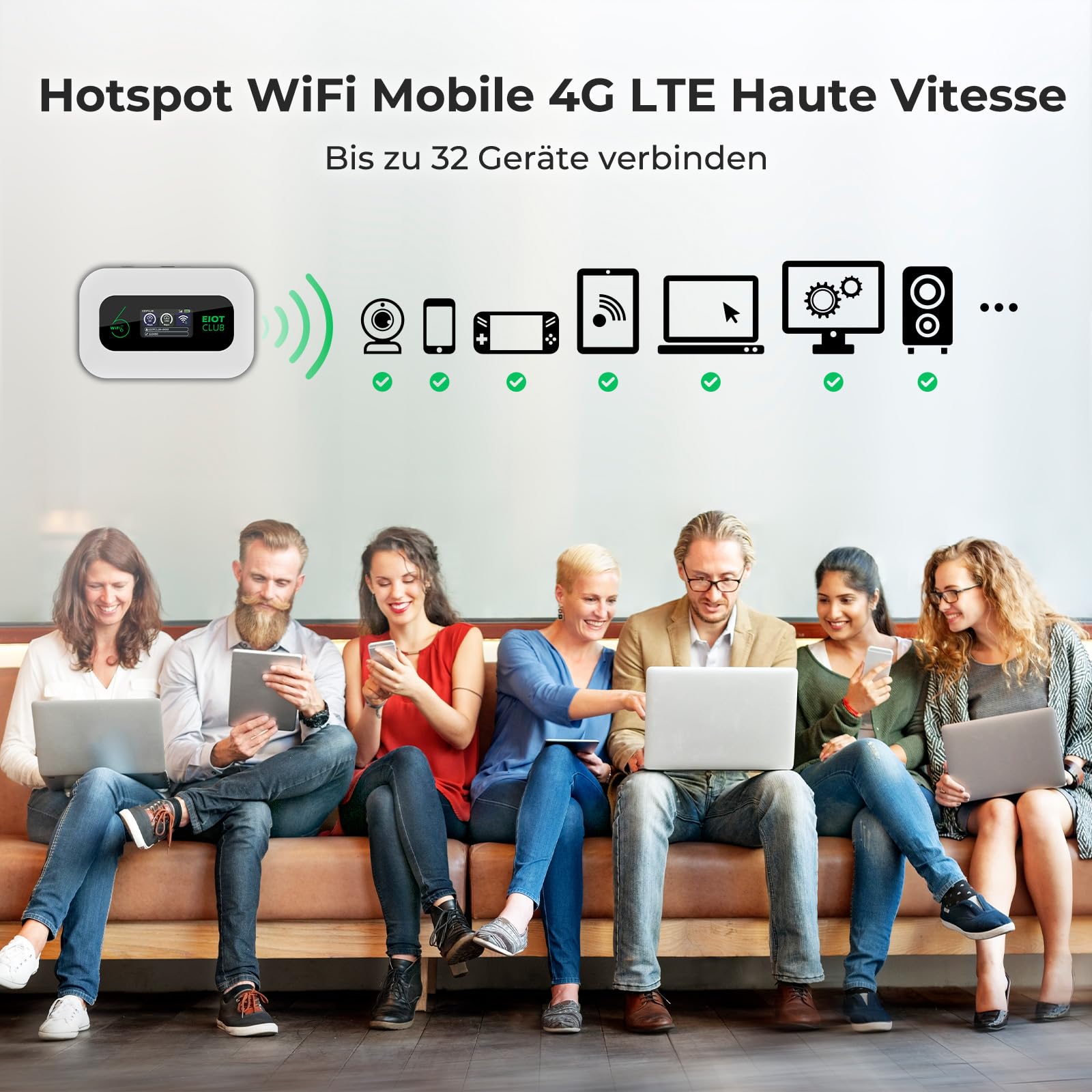 EIOTCLUB Mobiler WLAN Router mit Ohne Vertrag, 4G LTE Tragbarer WiFi Hotspot, 3000 mAh Akku, Bis zu 32 Geräte, Eingebauter SIM Karte, Ideal für Reisen, Camping & Unterwegs – Nur für Europa geeignet