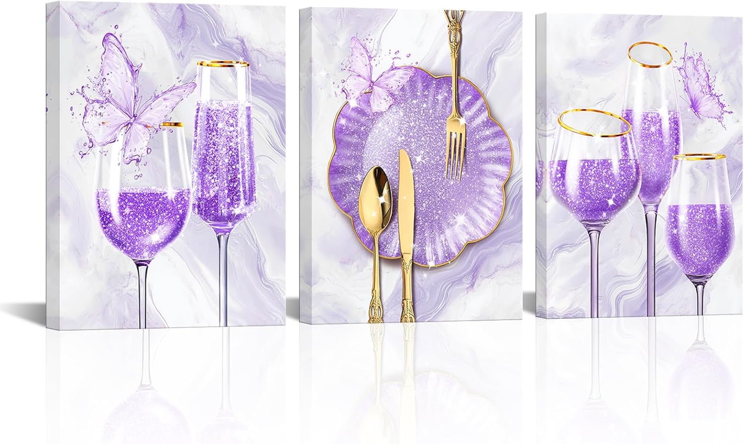 sechars 3 Pieces Set Kitchen Wall Decor Pink Wine Glass Wall Art Gold Utensils Canvas Prints Modern Dining Room Pictures (Pink)