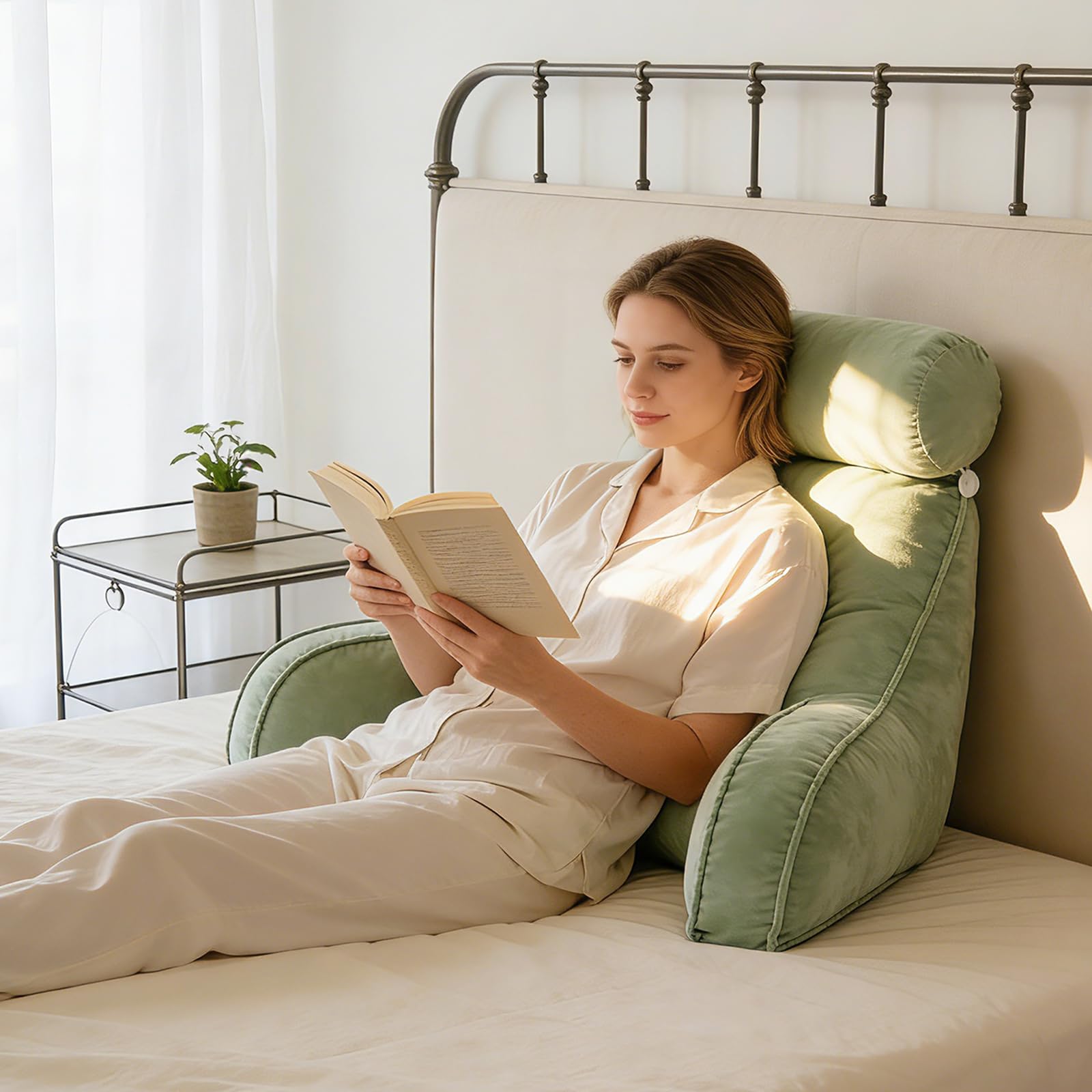 Extra Großes Lesekissen mit Abnehmbarer Hülle, Ergonomisches Rückenstützkissen für Bett/Sofa, Gefüllt mit Hohlfaser, Für Erwachsene & Kinder, Grün