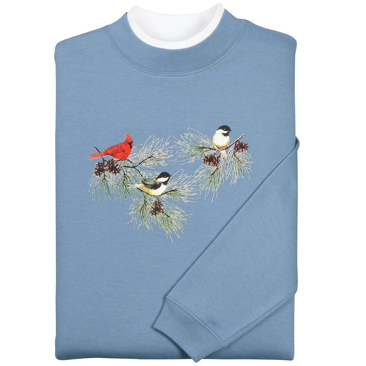 Miles Kimball Chickadees & Cardinal Sweatshirt - Long Sleeve Crew Neck – Slate Blue