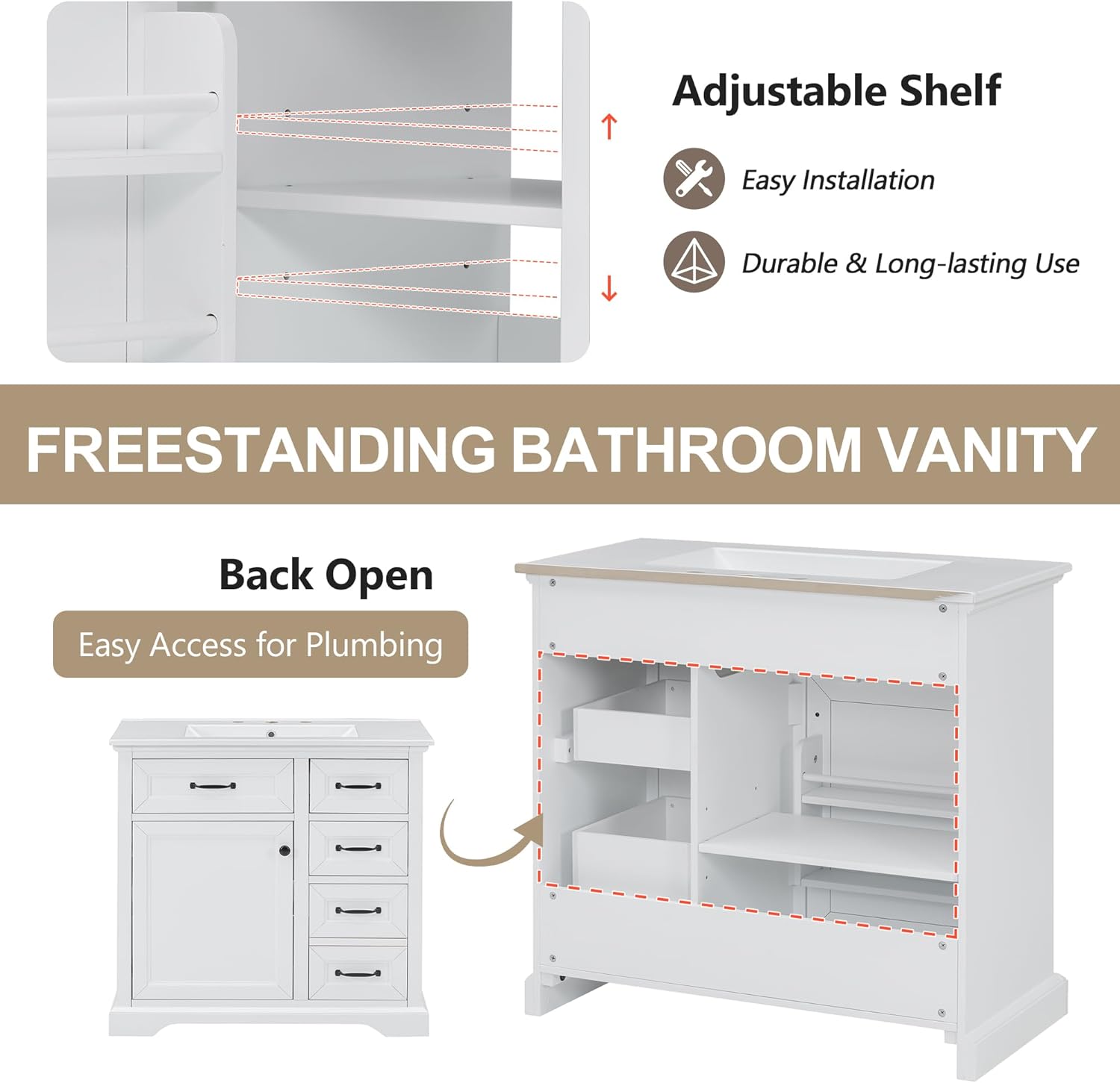 36" Bathroom Vanity with Sink, Ceramic Sink, 2 Tip-Out Drawers, Soft Close Door Hinges, Storage Cabinet for Bathroom, White Color