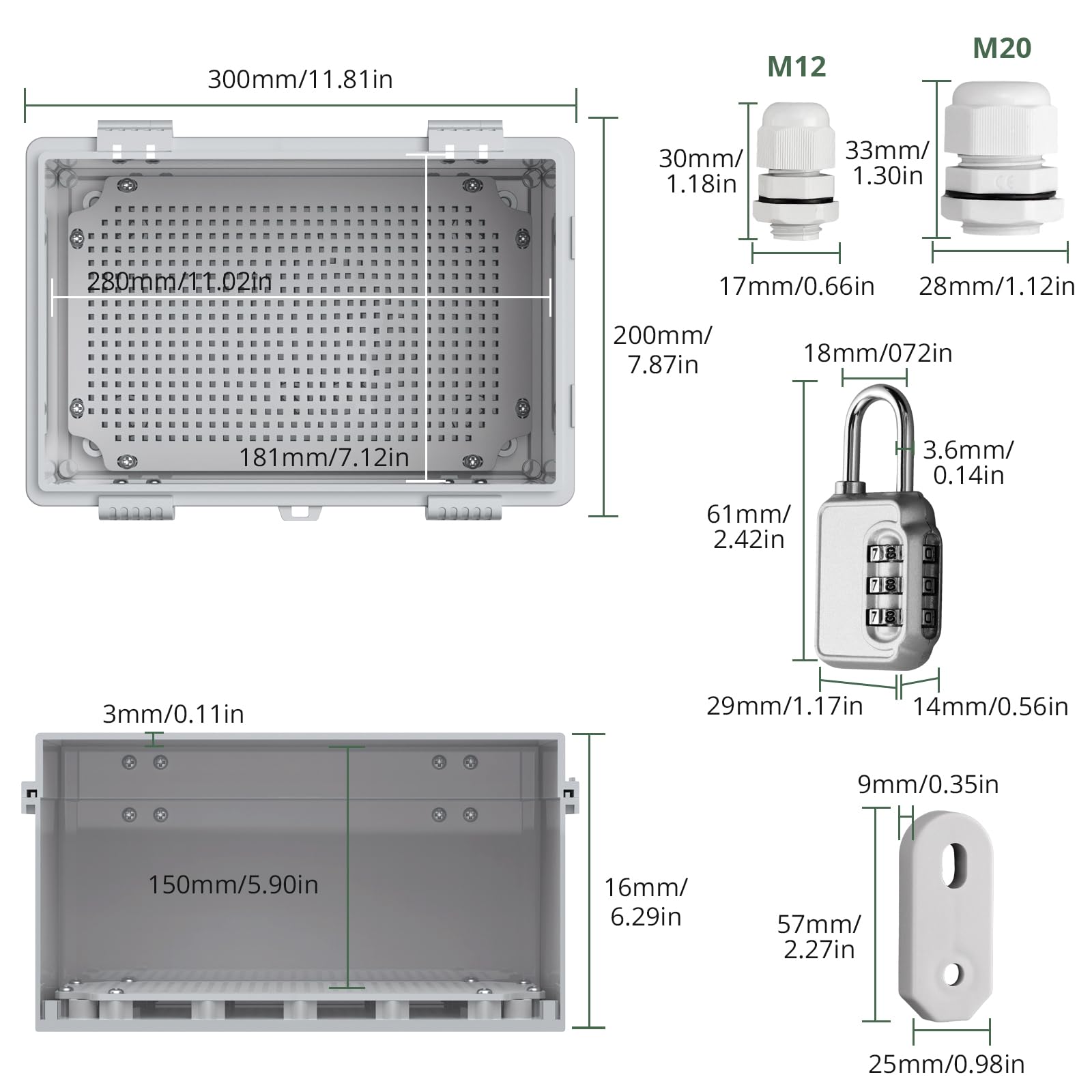 EYPINS Wasserdicht Verteilerkasten IP67, Anschlussdose Wasserdicht ABS Kunststoff Gehäuse außen Steckdosenkasten, Schaltkasten, Stromkasten mit Montagezubehör 30x20x16cm | Grauer Schaltschrank