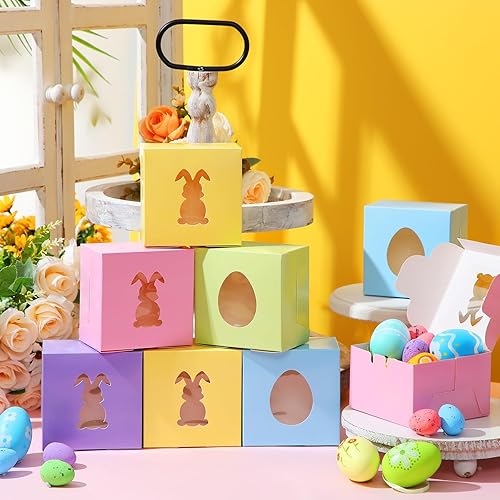 Miniatura 4 de Chivertion Cajas de regalo de Pascua con ventana de huevo de conejo de 4 x 4 x 2.5 pulgadas, cajas de cartón de colores dulces para galletas, feliz