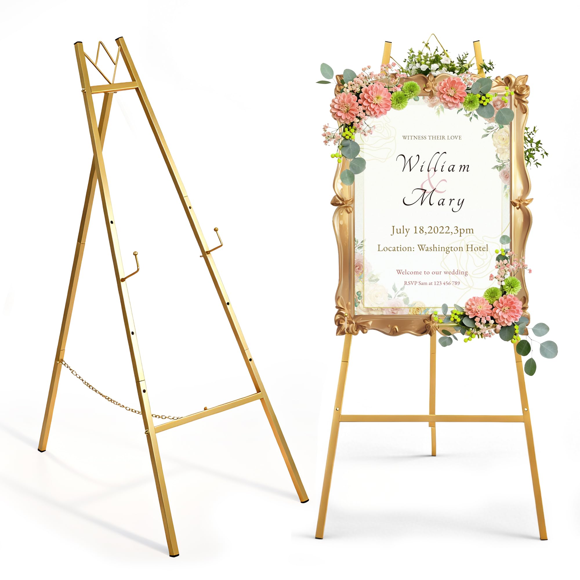 Photo 1 of 57.5" Gold Easel Stand for Sign, Wedding Sign Stand for Display, Assembly Required, 4 Adjustable Height Levels Heavy Duty Metal Display Stand Floor Standing Easels for Art, Paintings, Pictures