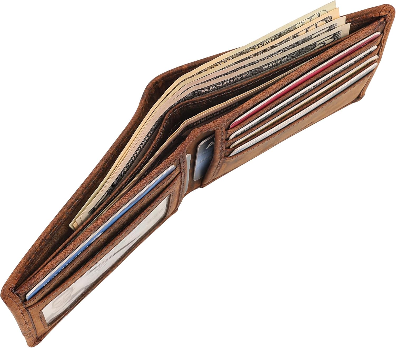 Genuine Leather Bifold Mens Wallet RFID Blocking 5 Credit Card Slots 1 ID Window 2 Sections for Bills 2 Additional Slots | Brown - Image 4