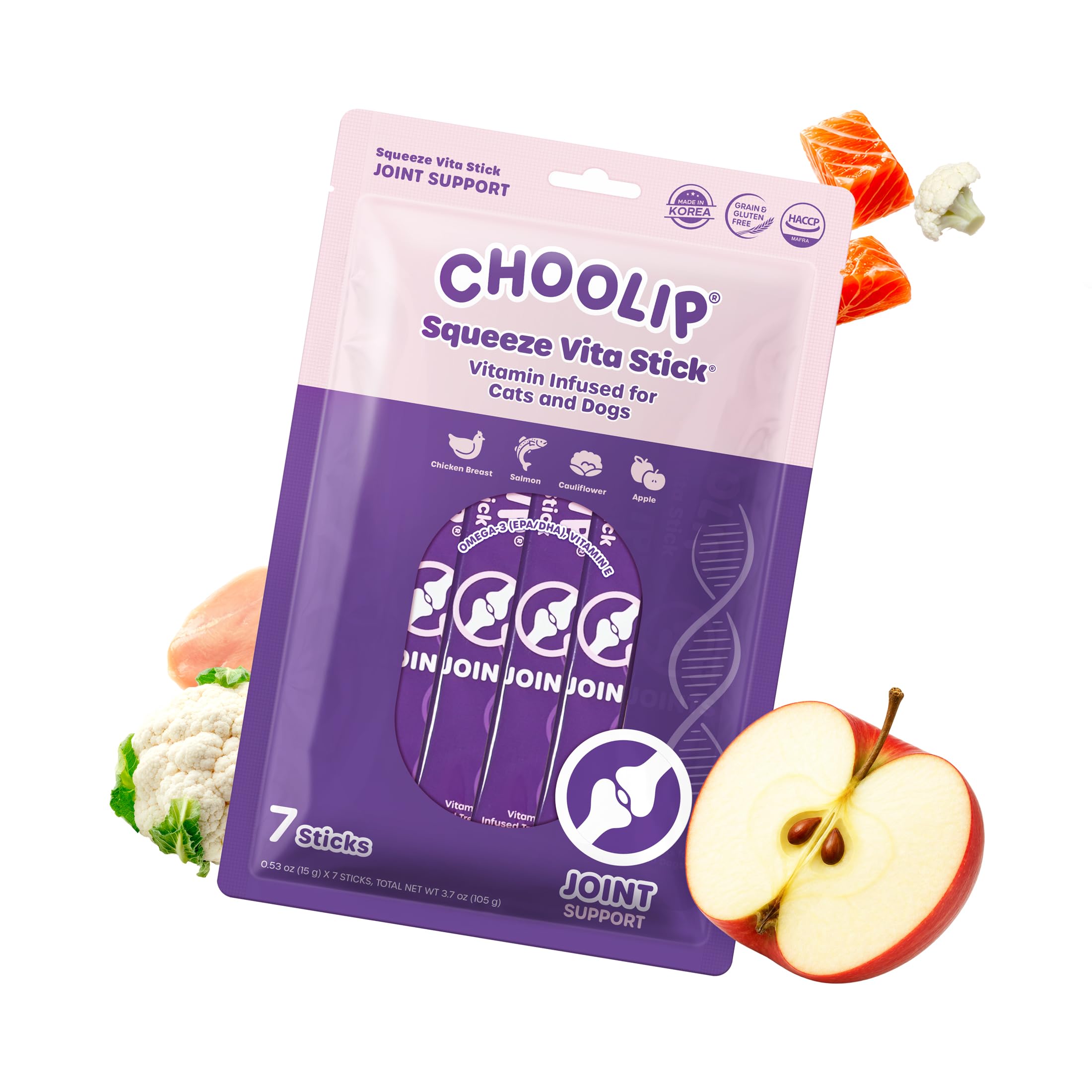 Choolip Squeeze Vita Stick Lickable Cat and Dog Treats, 7-Count Joint Support, Chicken and Salmon with MSM, Green-Lipped Mussel and Vitamin E, Vet-Formulated