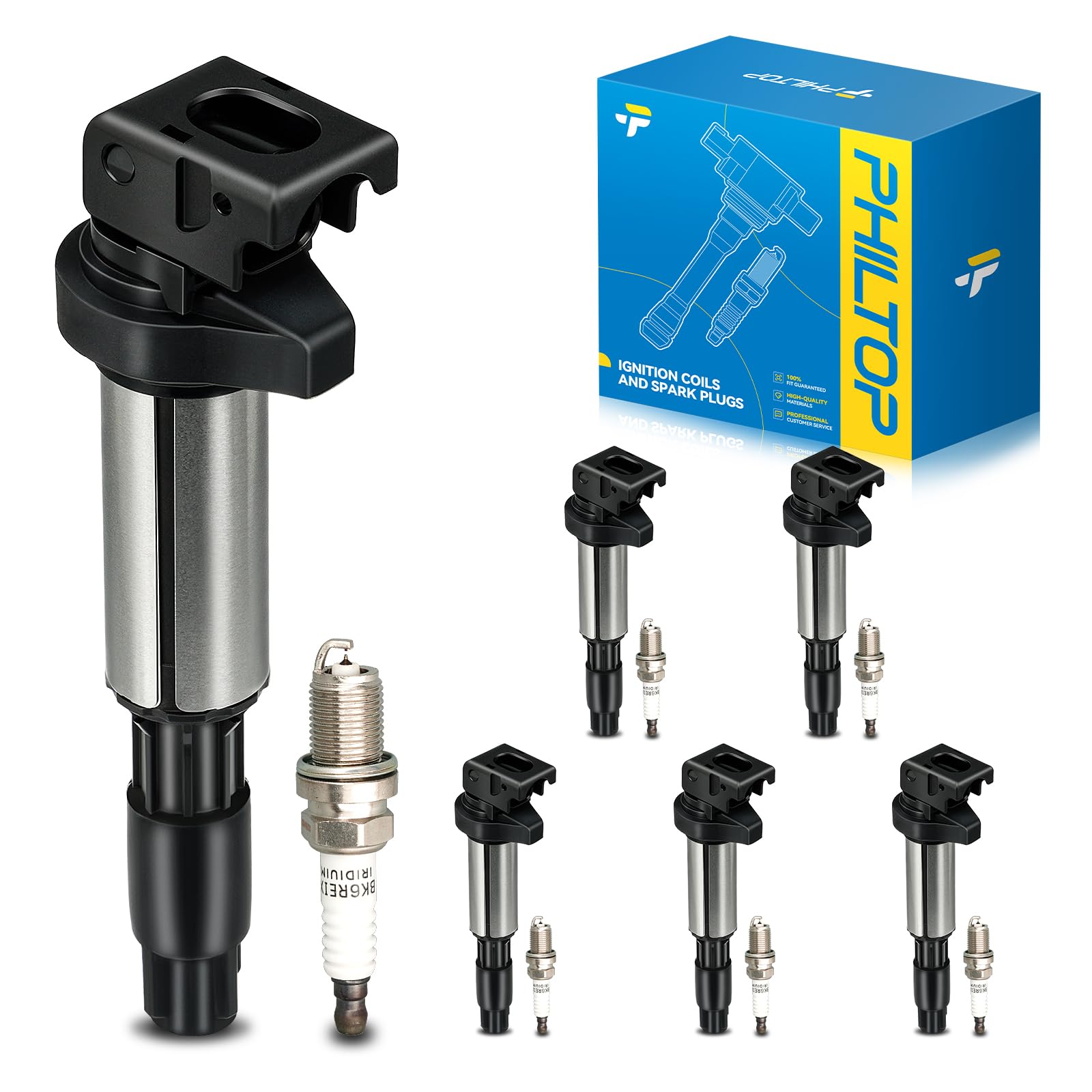 PHILTOP 6 Ignition Coil &amp; 6 Spark Plugs Set Fit for BMW X3/5 Z4 530i 325xi