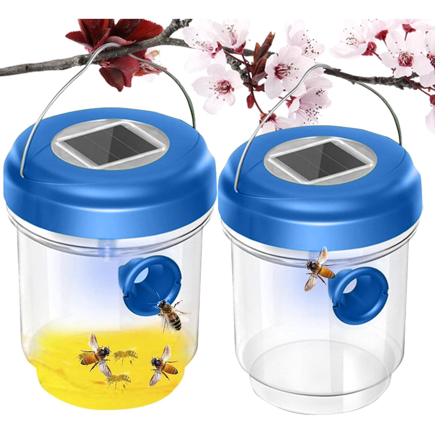 2 Pack Wasp Trap, Solar Wasp Traps Outdoor Hanging, Yellow Jacket Wasp Repellent & Hornet Trap, Reusable Wasps Catcher with UV LED Light, Solar Powered Bee Killer for Garden & Patio (Blue)
