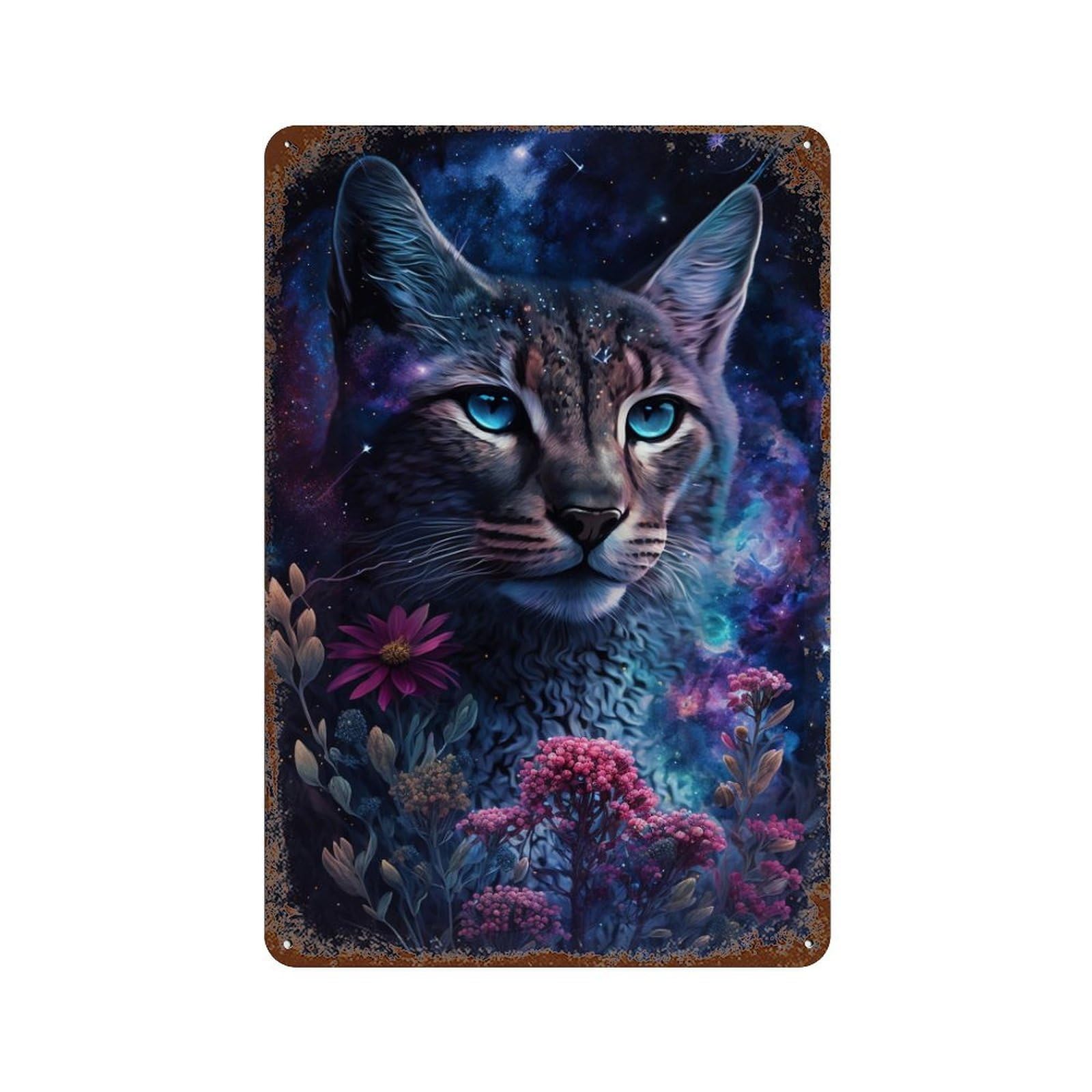 Weathered Tin Sign with Cosmic Cat Flowers Design 11.8"x7.9", for Office, Studio And Wall Decor, Retro Wall Decor