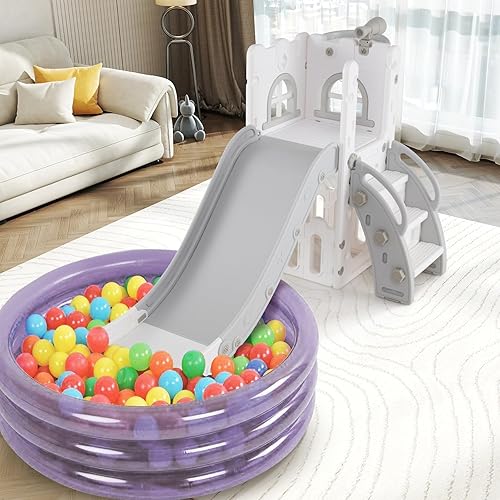 Miniatura 9 de BABY JOY Tobogán para niños pequeños, juego de tobogán 6 en 1 para interiores con aro de baloncesto, telescopio, escalera de escalada y espacio de