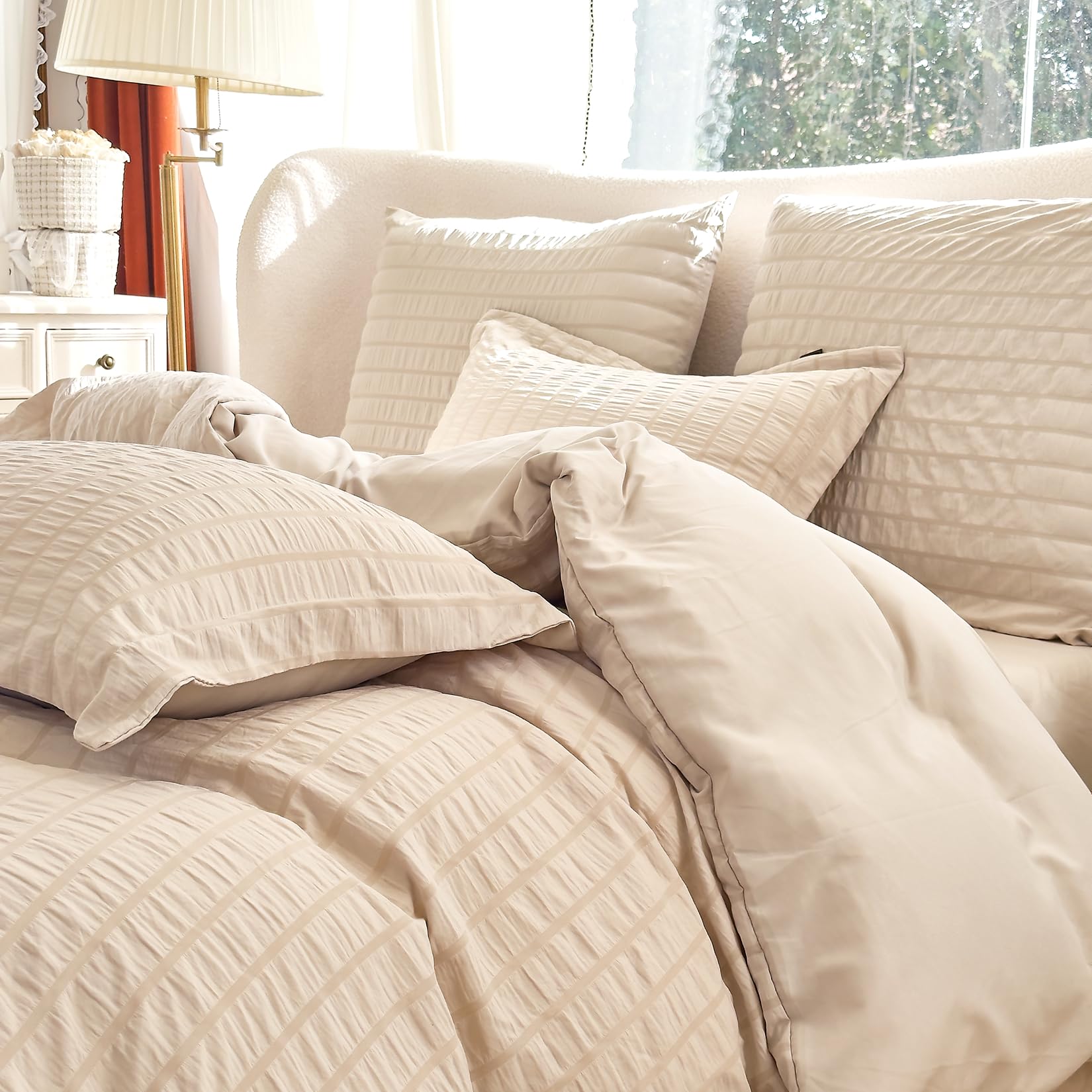 Seersucker Bettwäsche 200x200 Beige Streifen Atmungsaktive Mikrofaser Bügelfreie Bettwäsche 3 Teilig Set mit Reißverschluss Kühl und Komfortabel für Sommer Doppelbett