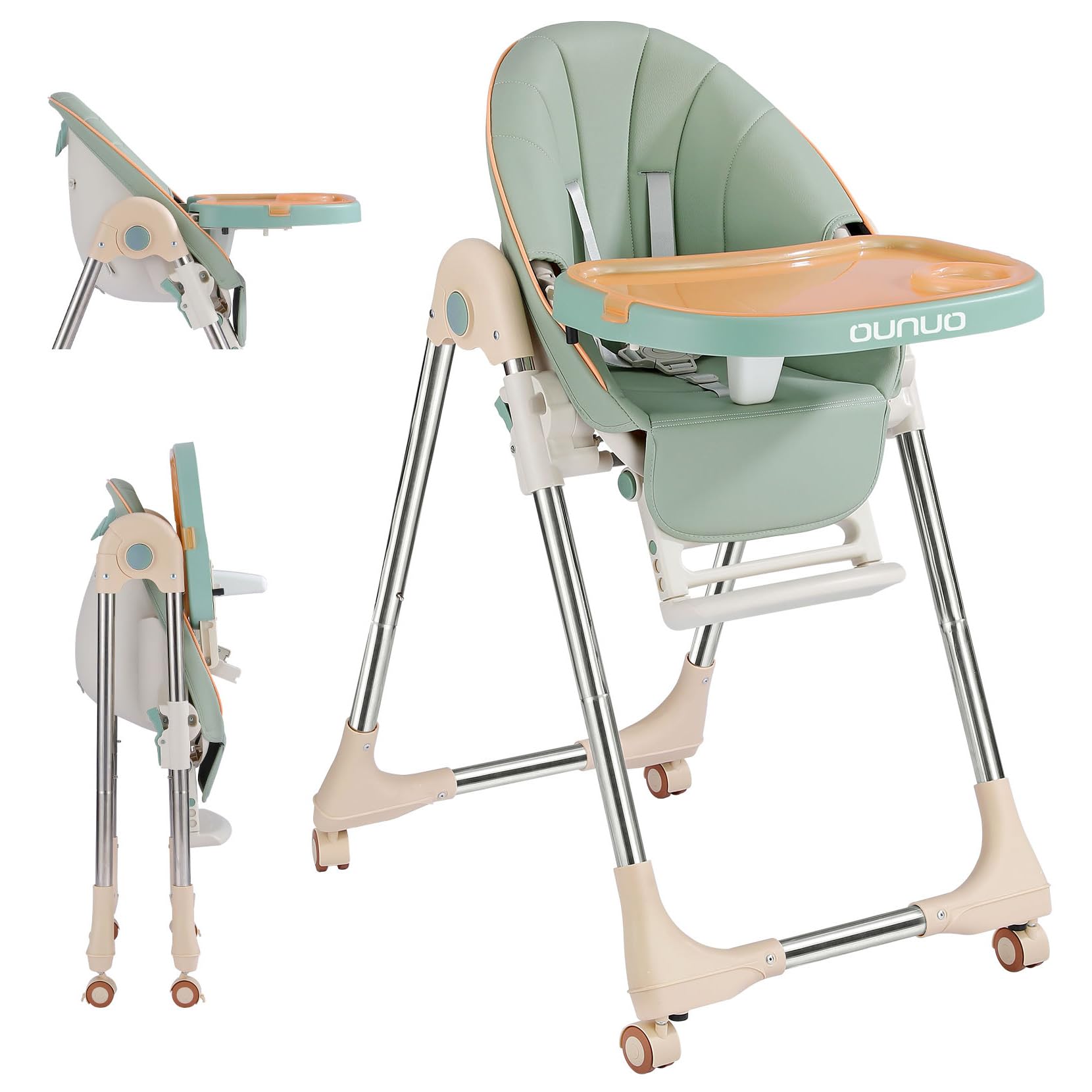 OUNUO Seggiolone Pappa, Seggiolino da Tavolo Pieghevole, Seggioline per bambini da 6 Mesi fino a 6 anni, Piatto da Cena Smontabile, Pedale e Schienale Regolabili in Altezza (Verde)