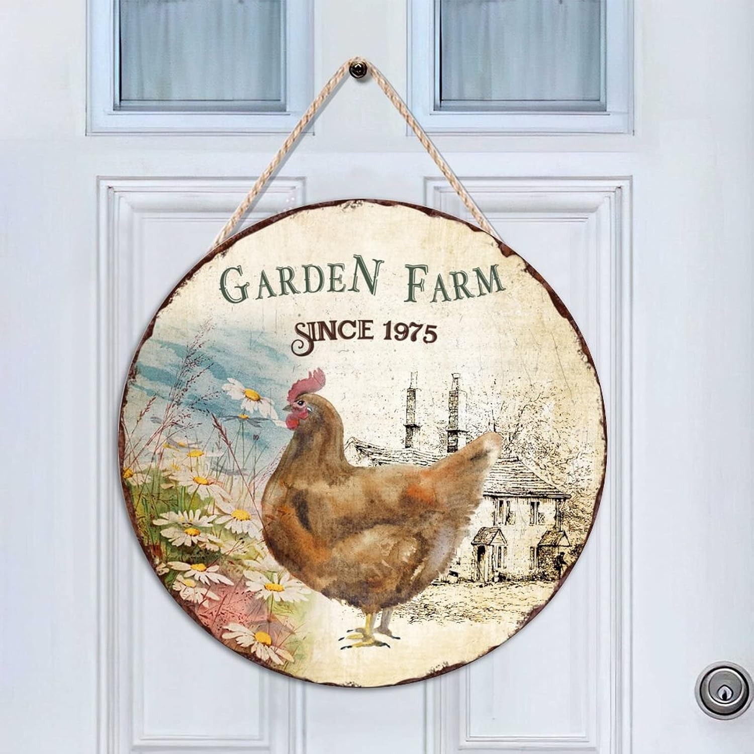 Garden Farm Since 1975 Wood Door Sign, Farmhouse Front Door Round Wood Sign, 16x16in Art Font Wall Door Hanging Sign Farmhouse Backyard Door Hanger Wall Decor Housewarming Gifts