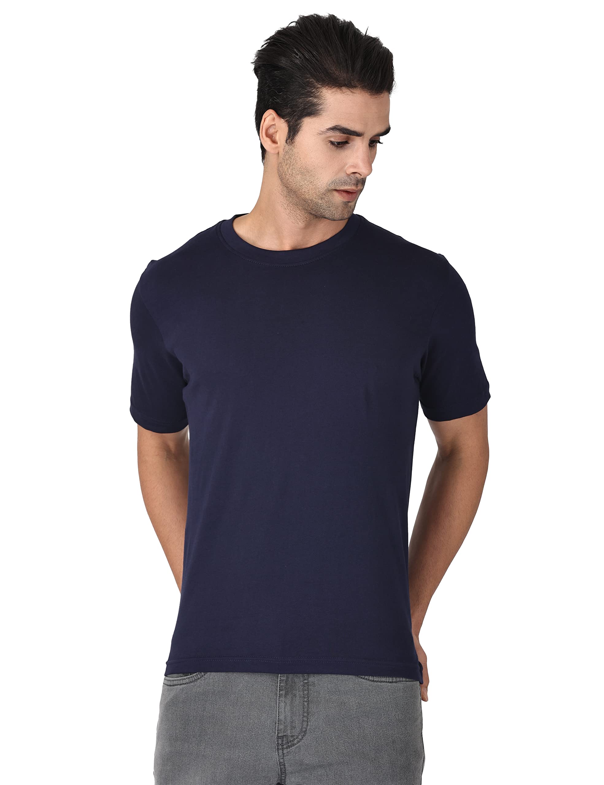 SUPER HUSTLER Navy Blue Round Neck Cotton t-Shirts for Men