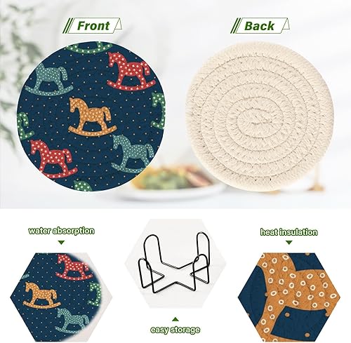 Miniatura 4 de Rocking Horses on Dark Blue Background Drink Coasters Set Coasters for Drinks Set of 6 with Holder Cotton Coasters