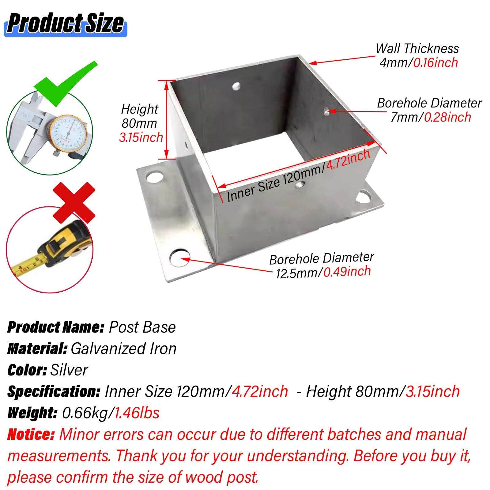 Bases de Anclaje para Postes de Metal de Alta Resistencia, Soportes de Acero Grueso con Recubrimiento en Polvo para Postes de cercas de Madera y Soportes para barandillas (120 x 80 mm/4,7 x