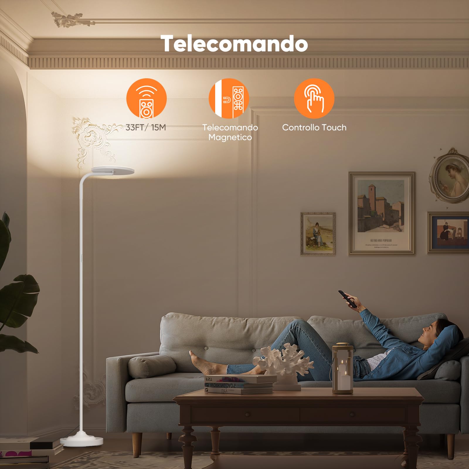 SIBRILLE Lampada da Terra Salotto, 36 W Super Luminosa, Moderna Piantana LED Dimmerabile con Telecomando, 2400LM 3000K-6000K Lampada da Lettura per Soggiorno, Camera da Letto, Ufficio, Bianco