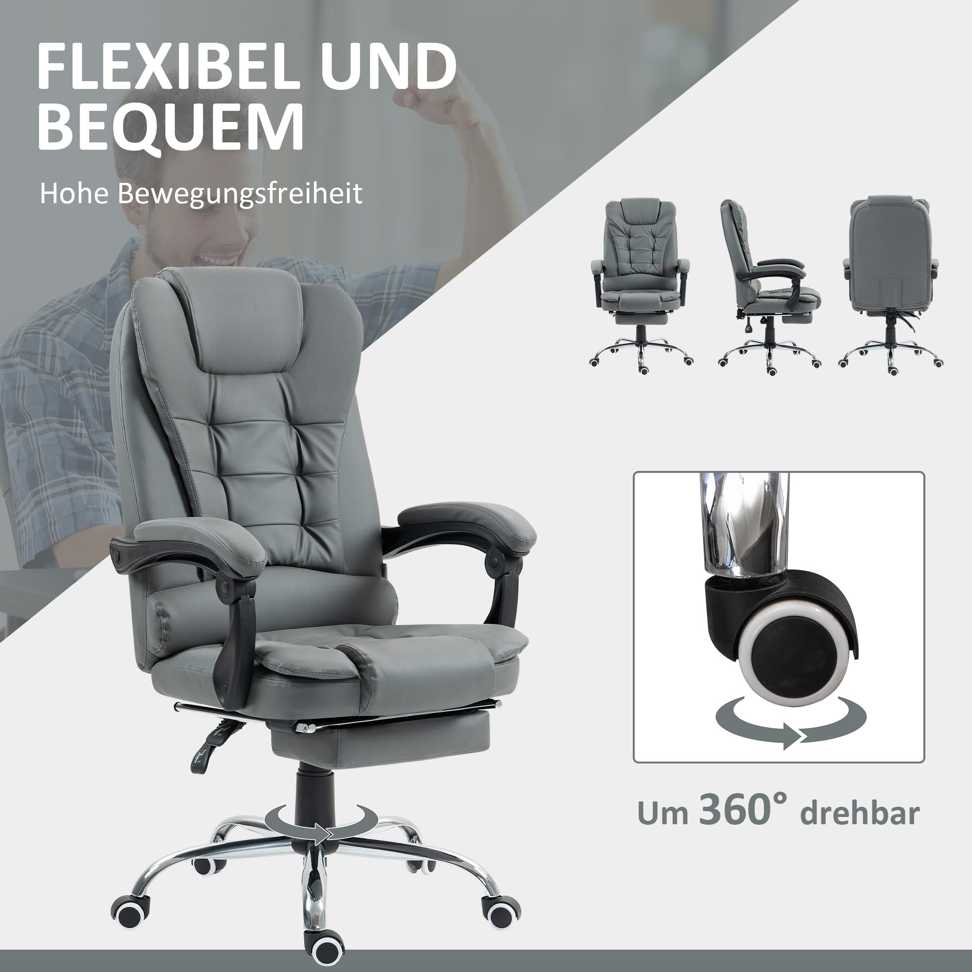 HOMCOM Bürostuhl Ergonomischer Schreibtischstuhl mit Lendenwirbelstütze, Armlehne, Fußstütze, Höhenverstellbarer Drehstuhl mit Wippfunktion, Kunstleder, Gepolstert Computerstuhl, Grau