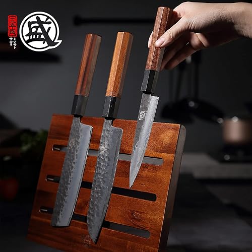 Vista 4 de MITSUMOTO SAKARI Bloque magnético de doble cara para cuchillos, soporte de madera de acacia de 12.5 pulgadas para encimera, soportes de imanes